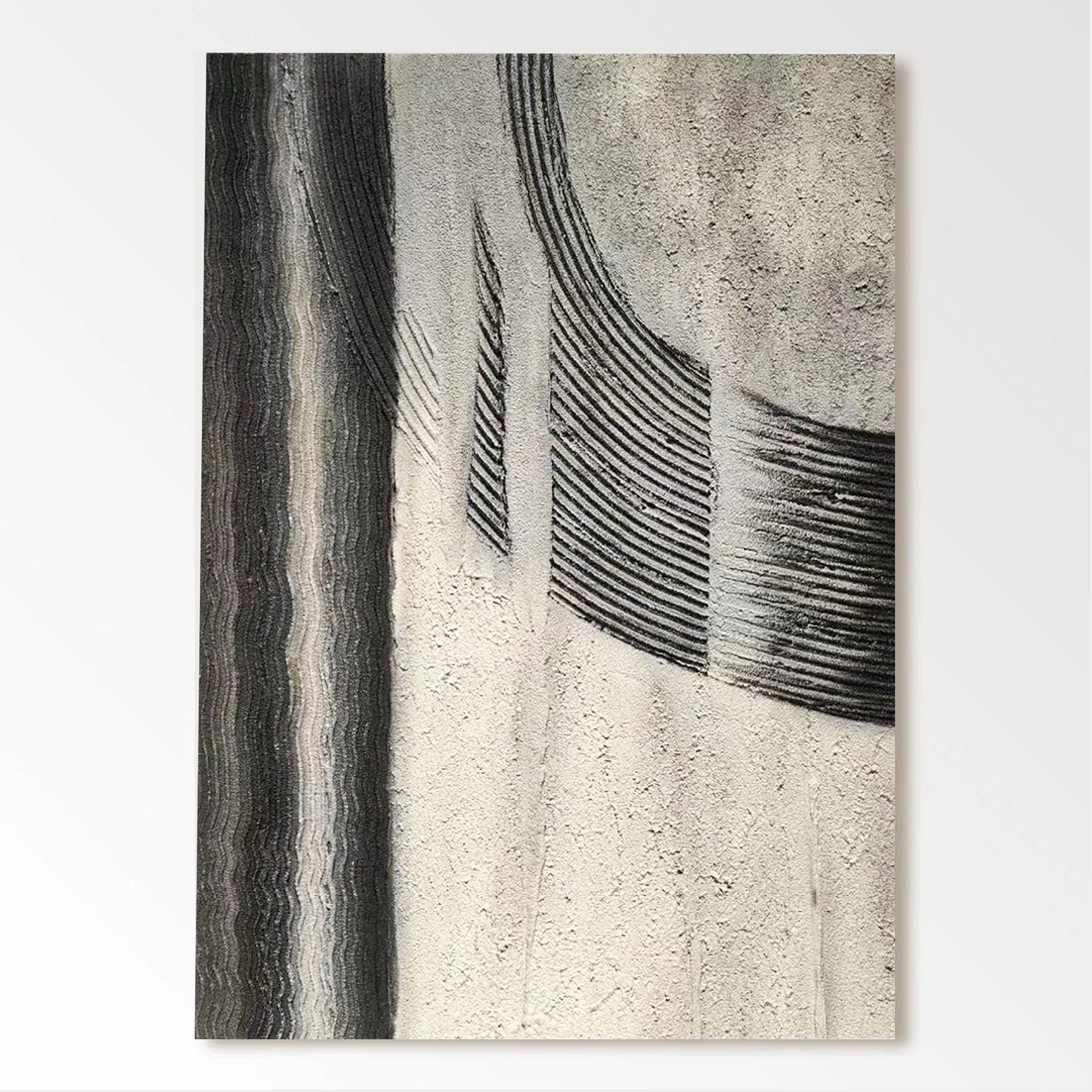 The image is a black and white abstract artwork featuring a vertical line and a curved line, creating a sense of movement and rhythm.