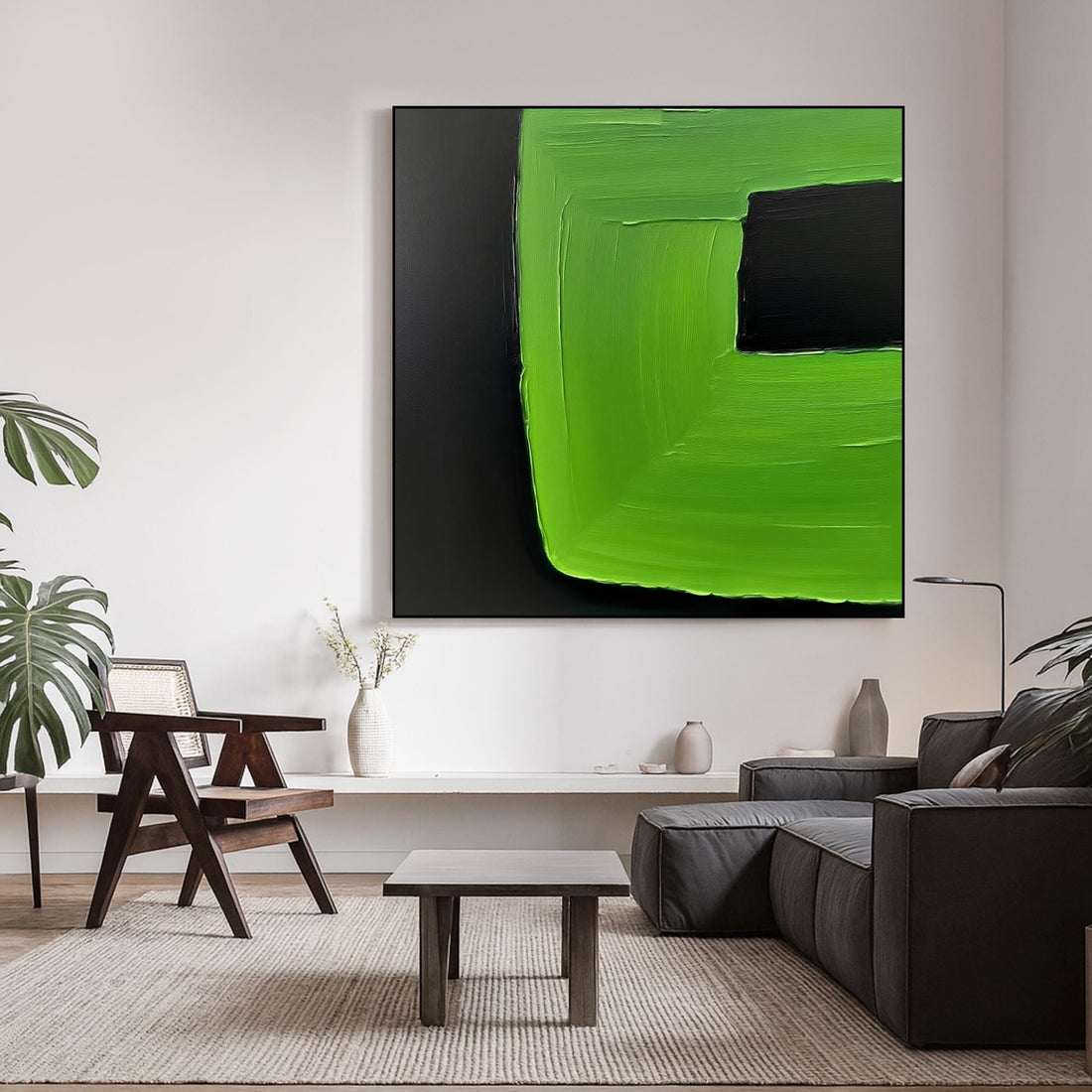 The image is an abstract painting with bold, vibrant colors. The dominant color is green, which is used to create a large, rectangular shape in the center of the painting. The background is black, providing a stark contrast to the green shape. The painting is a simple, minimalist composition with no discernible objects or actions.