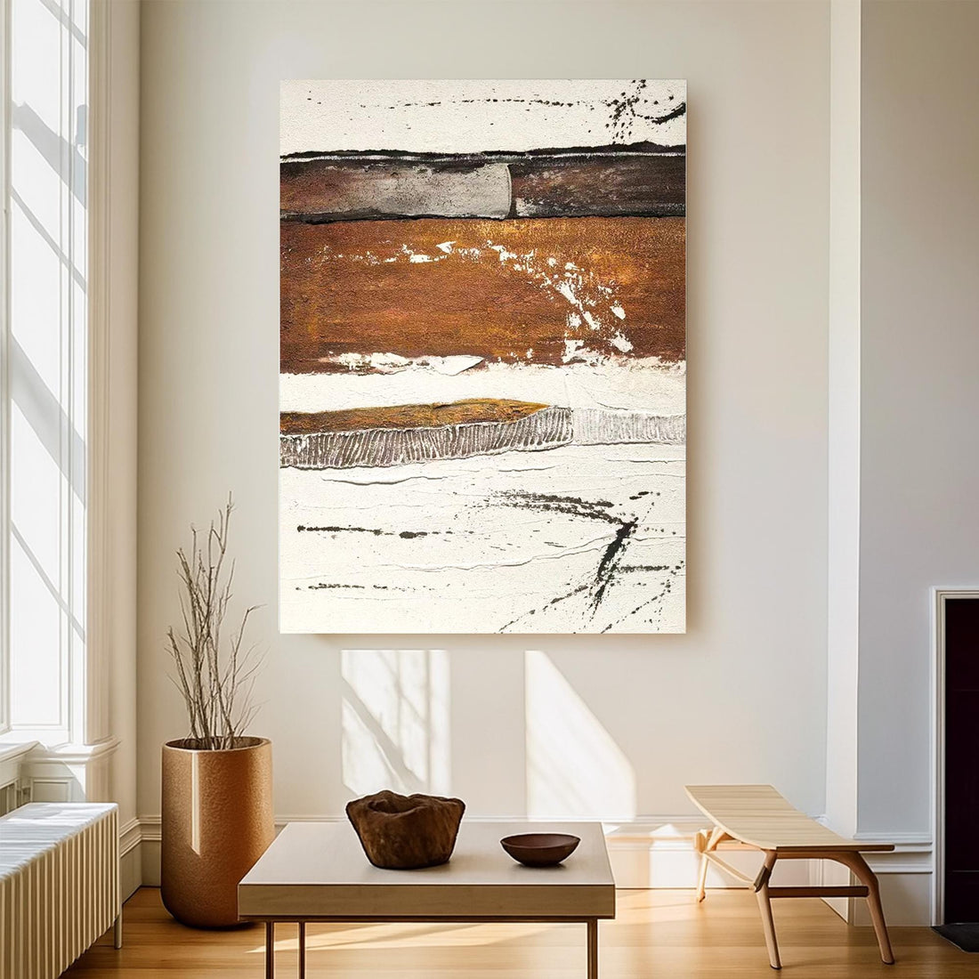 The image is an abstract painting featuring a variety of textures and colors, including brown, white, and black.