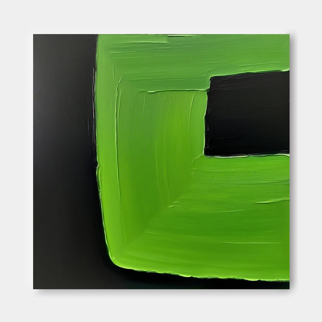 The image is an abstract painting with bold, vibrant colors. The dominant color is green, which is used to create a large, rectangular shape in the center of the painting. The background is black, providing a stark contrast to the green shape. The painting is a simple, minimalist composition with no discernible objects or actions.