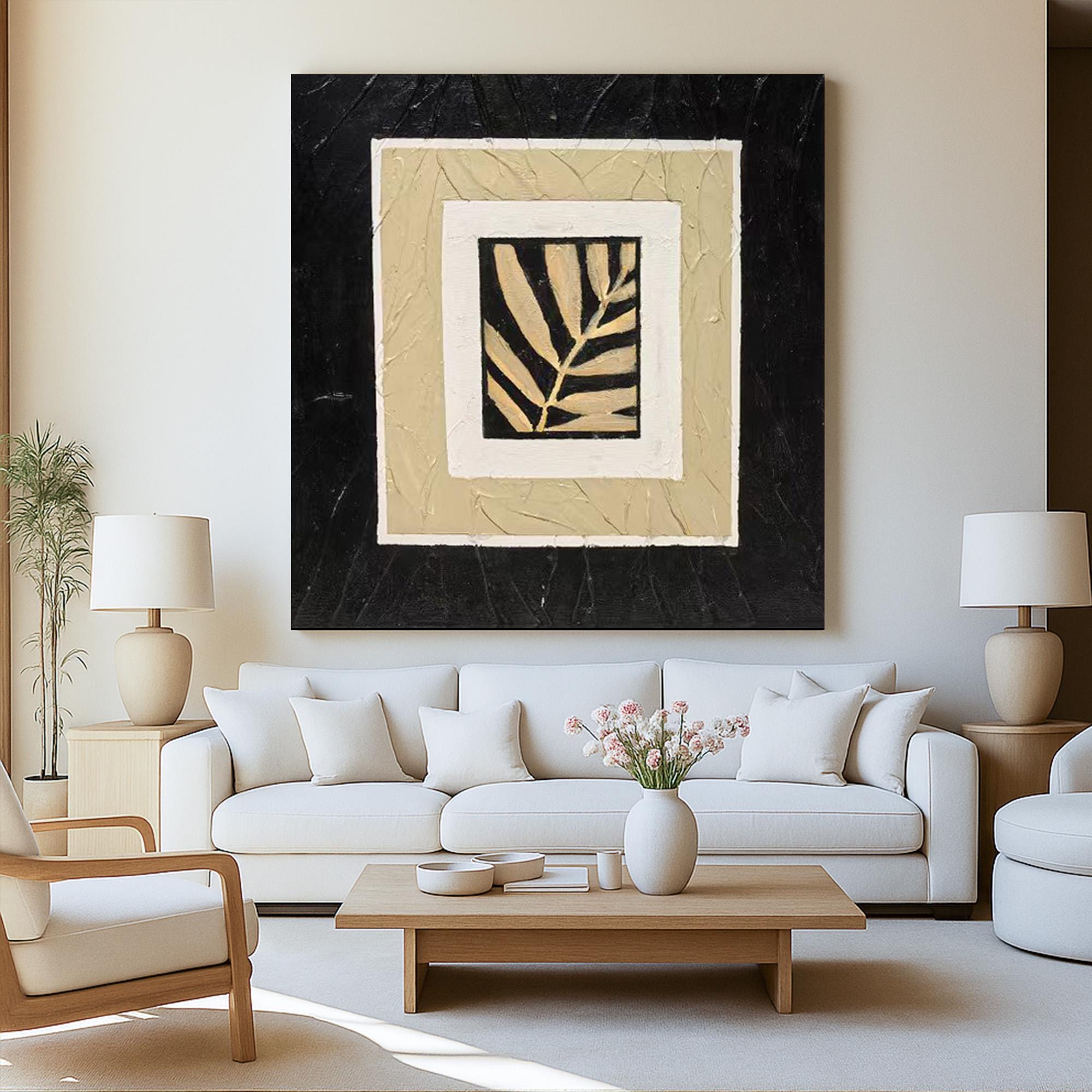 Textured Neutral Leaf Art on Canvas, Minimalist Black Beige Botanical Painting, Modern Framed Nature Wall Decor, Original Handmade Artwork