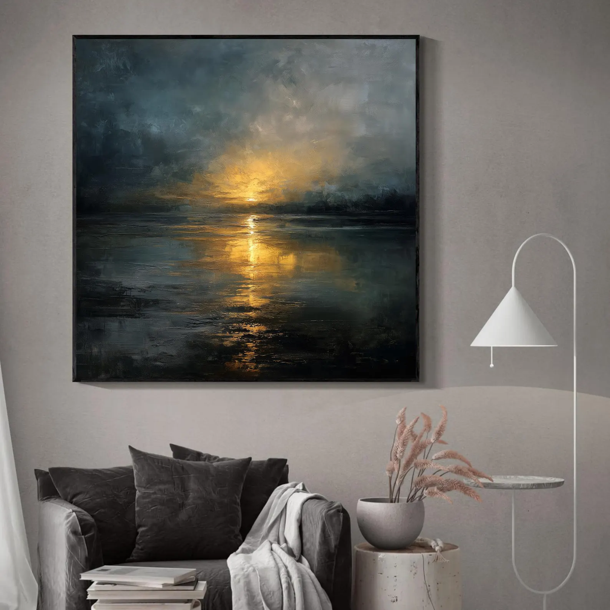 Moody Sunset Lake Oil Painting