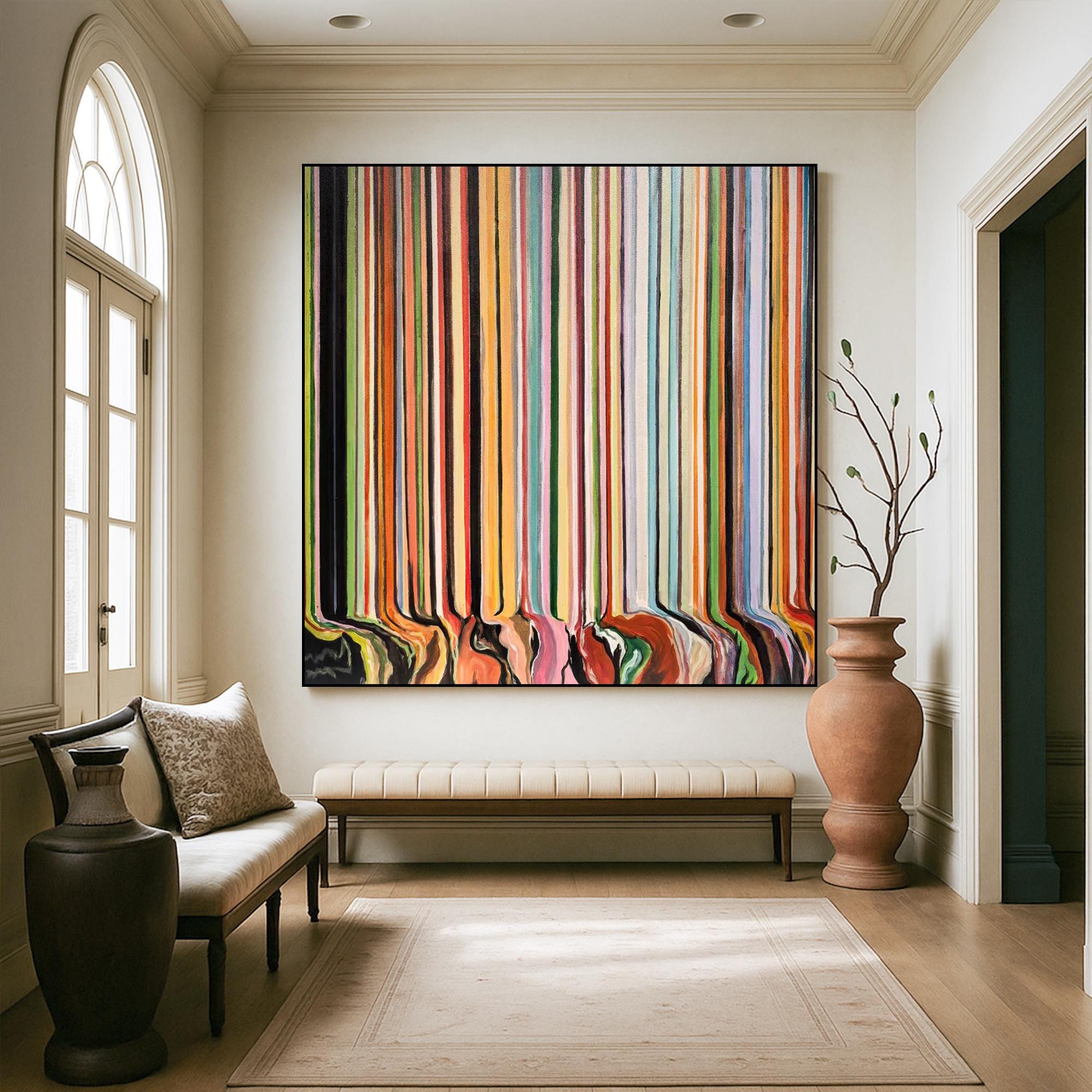 Colorful Drip Line Abstract Painting on Canvas, Vertical Rainbow Stripes Modern Wall Art, Bold Hand Painted Original Contemporary Artwork