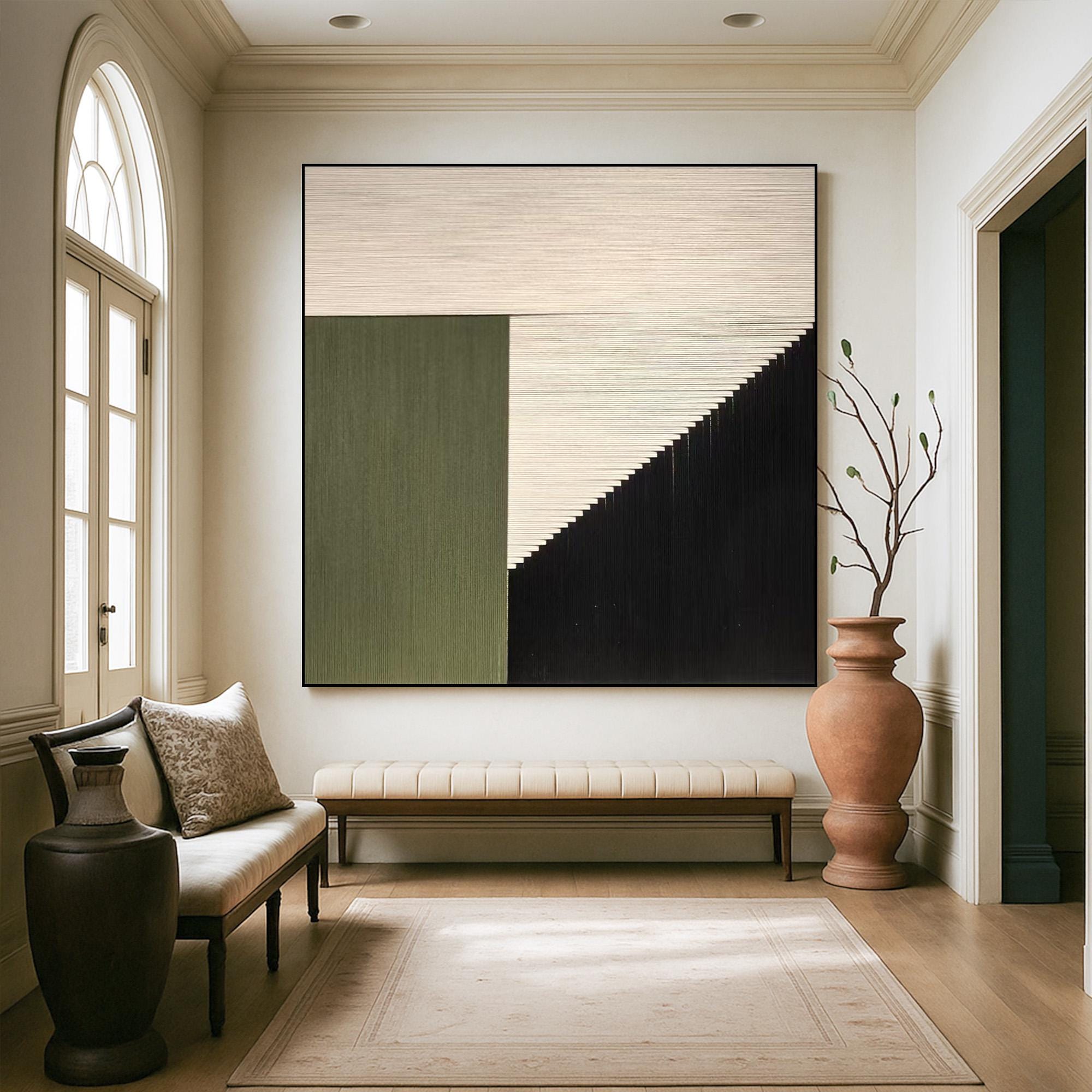 Modern Geometric Minimalist Wall Art, Hand Painted Green Black Abstract Canvas, Large Textured Neutral Artwork for Contemporary Home Decor