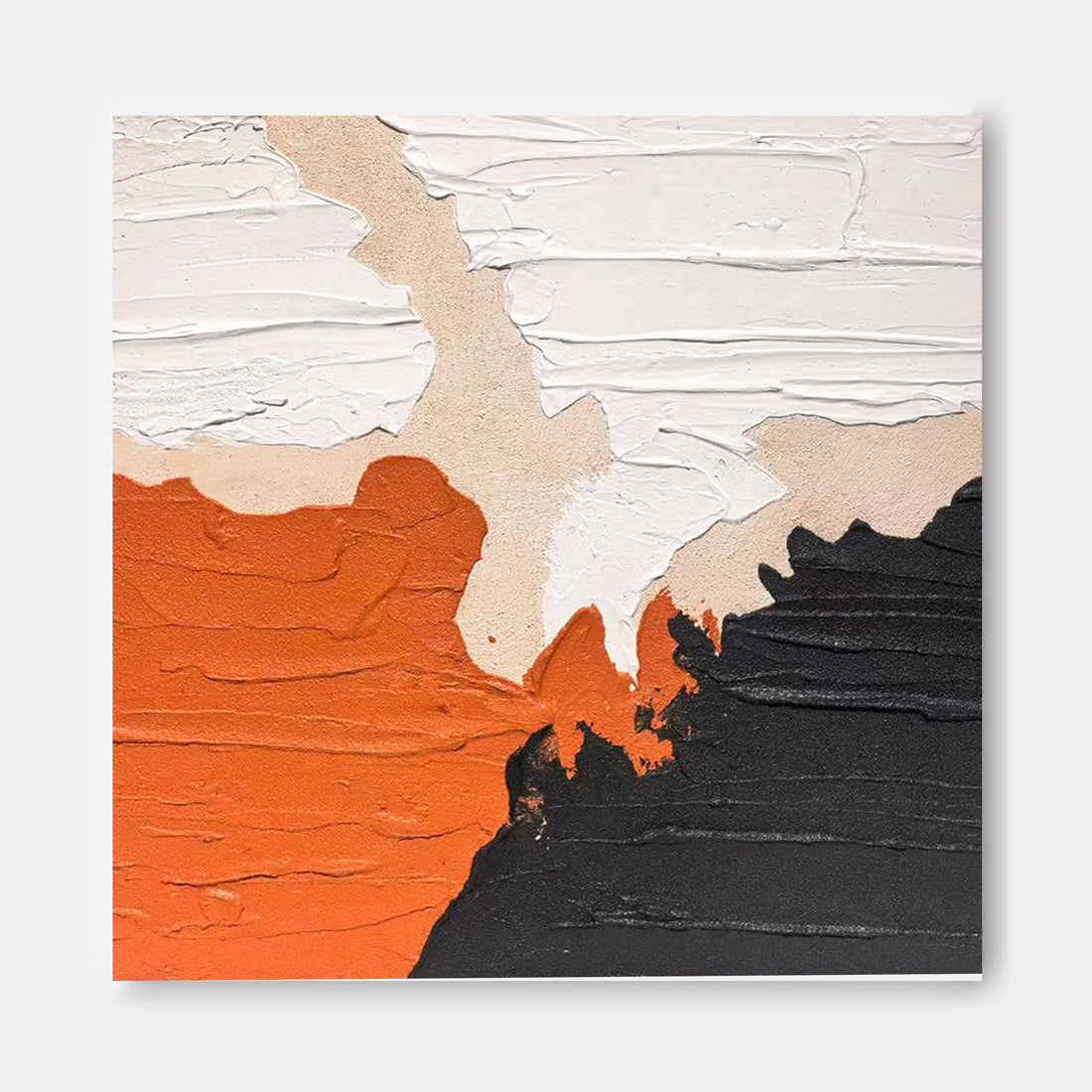 The image is an abstract painting featuring a combination of orange, black, and white colors. The painting has a textured appearance, with visible brushstrokes and layers of paint.