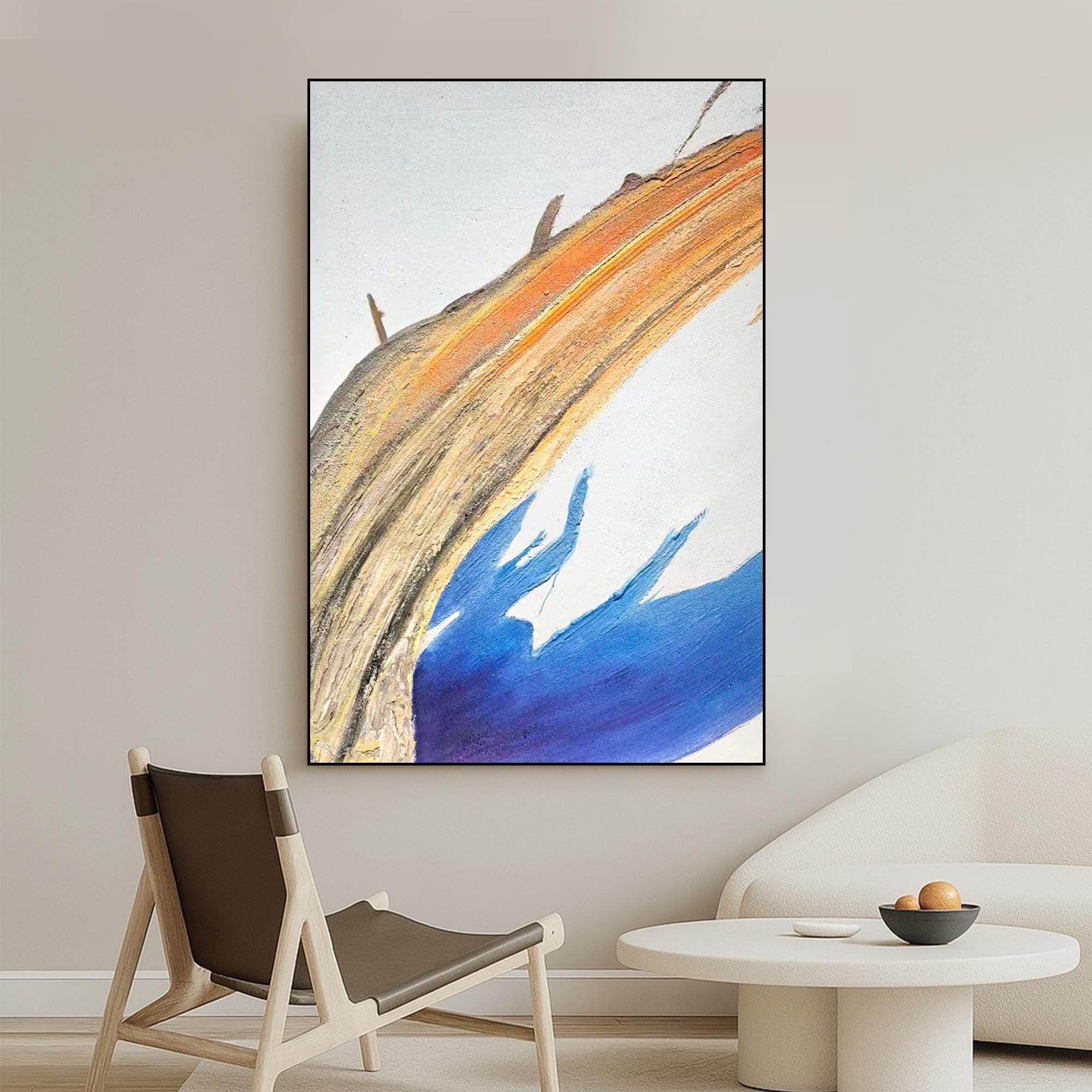 Original Minimalist Abstract Oil Painting on Canvas, Textured Blue Gold Wall Art, Large Vertical Handmade Artwork for Modern Home Decor