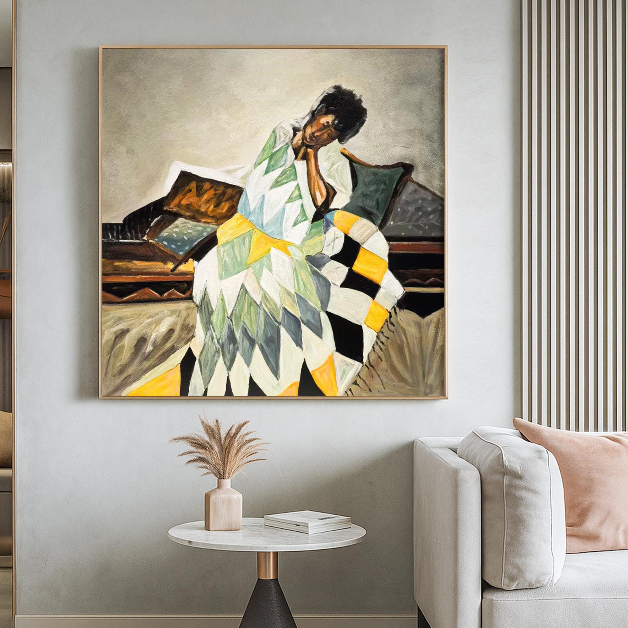 Cozy Woman Portrait Oil Painting Hand Painted Quilt Blanket Wall Art Original Figurative Canvas With Geometric Colorful Shapes For Bedroom