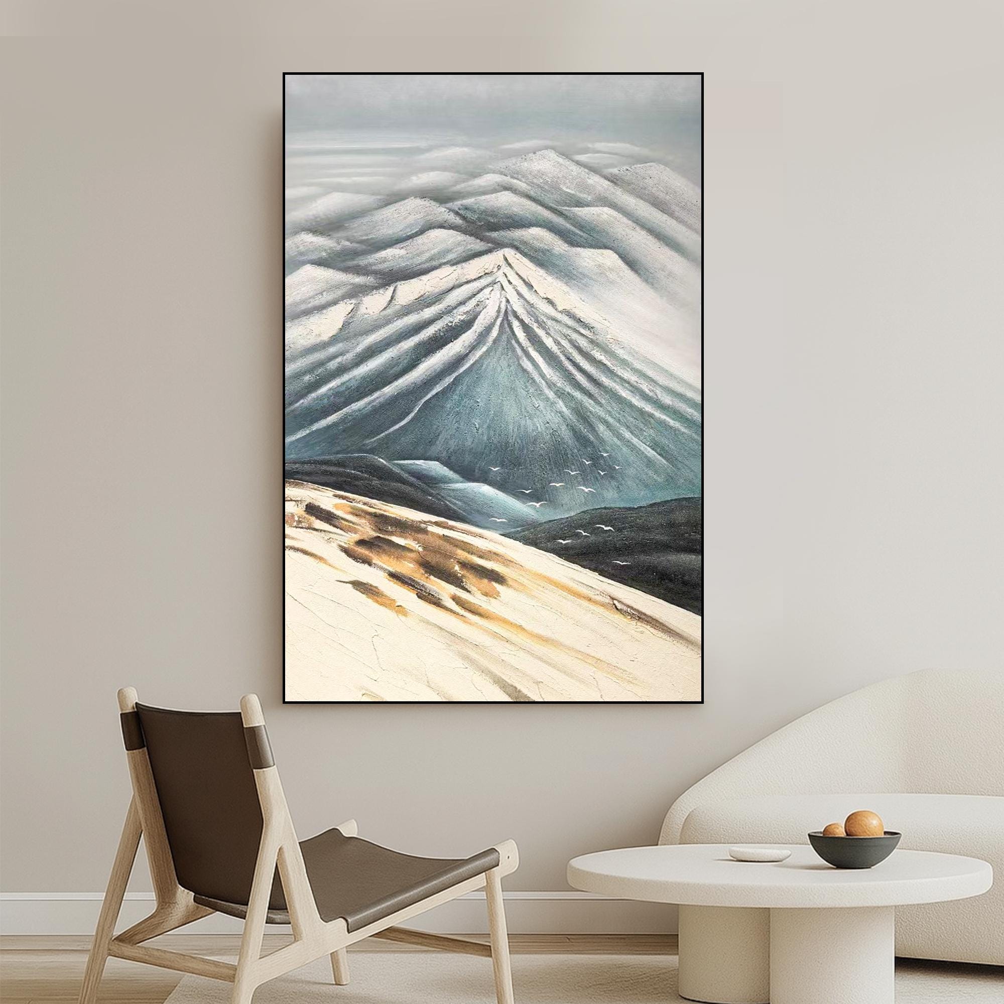 Textured Mountain Wall Art Canvas, Hand Painted Landscape Oil Painting With Blue Grey White Tones, Serene Nature Inspired Original Artwork