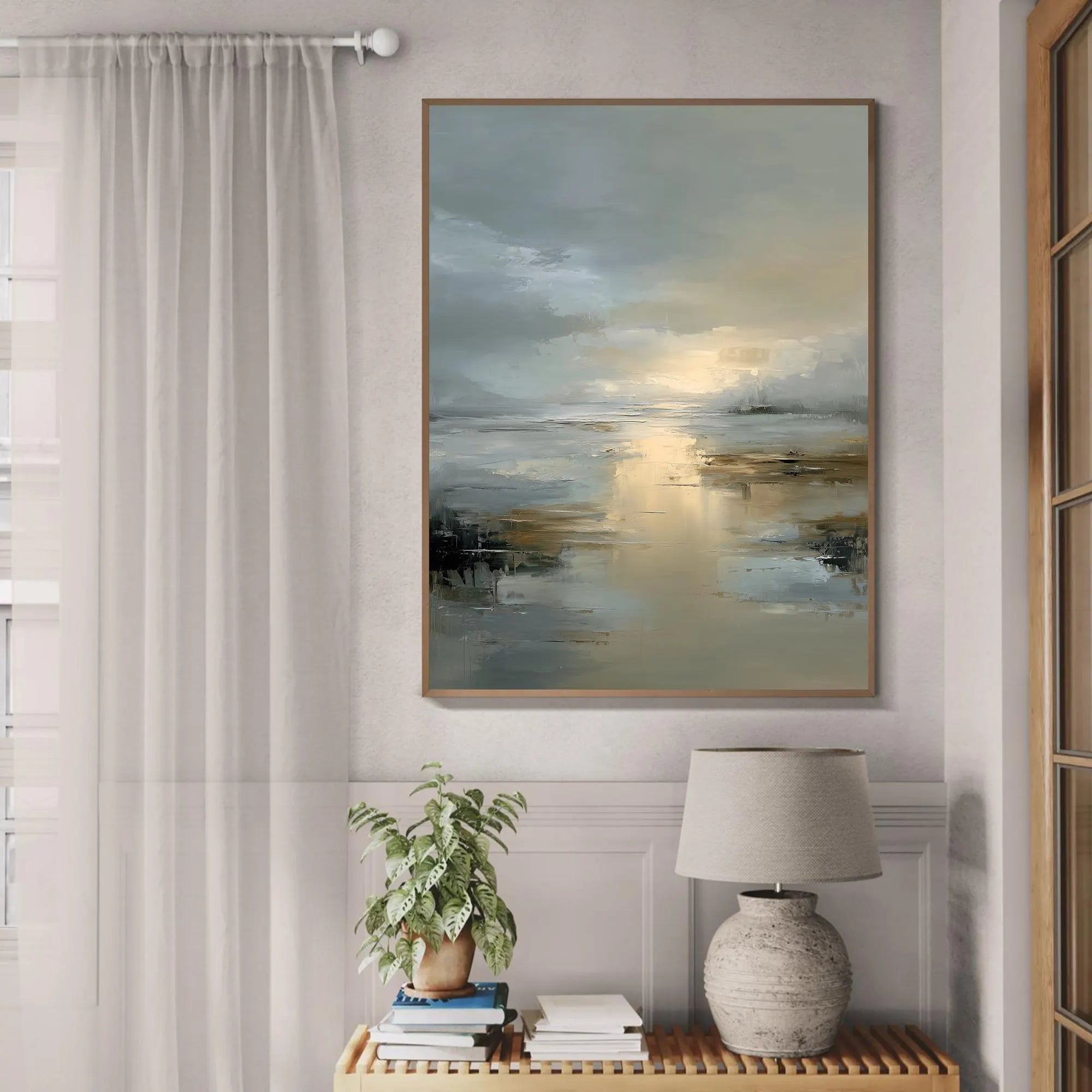 Original Hand-Painted Abstract Landscape Oil Painting on Canvas, Modern Neutral Wall Art, Large Tranquil Ocean Reflection for Living Room
