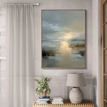 Original Hand-Painted Abstract Landscape Oil Painting on Canvas, Modern Neutral Wall Art, Large Tranquil Ocean Reflection for Living Room