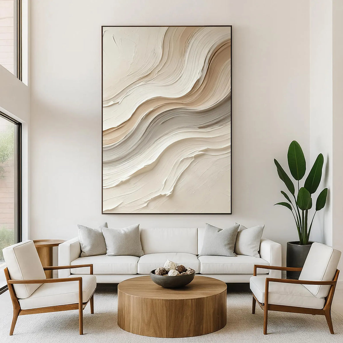 Original Textured Neutral Abstract Oil Painting on Canvas – Hand Painted Beige Waves Wall Art , Minimalist Modern Decor for Living Room