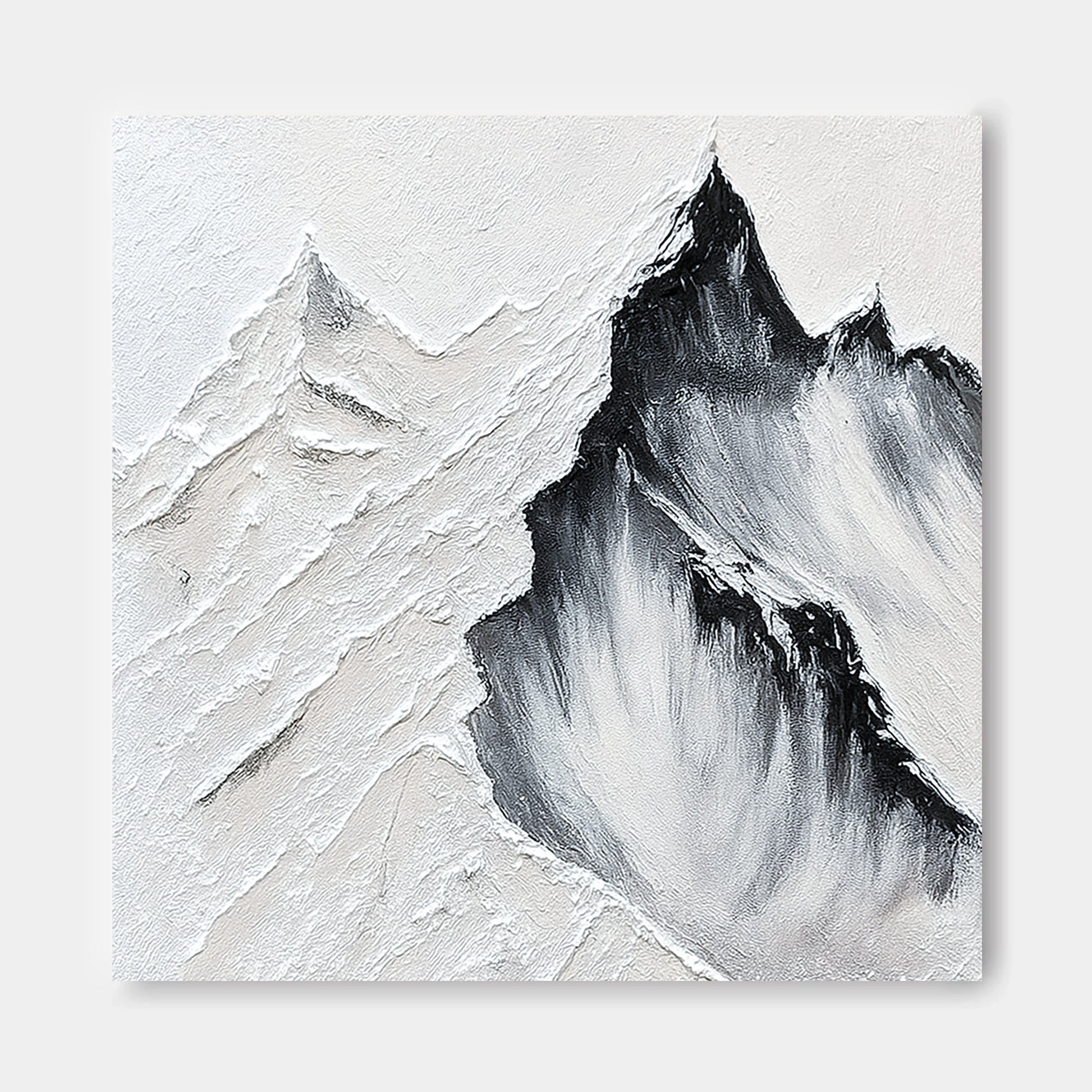 a striking black and white landscape featuring a dramatic mountain range with jagged peaks and a textured, rocky surface.