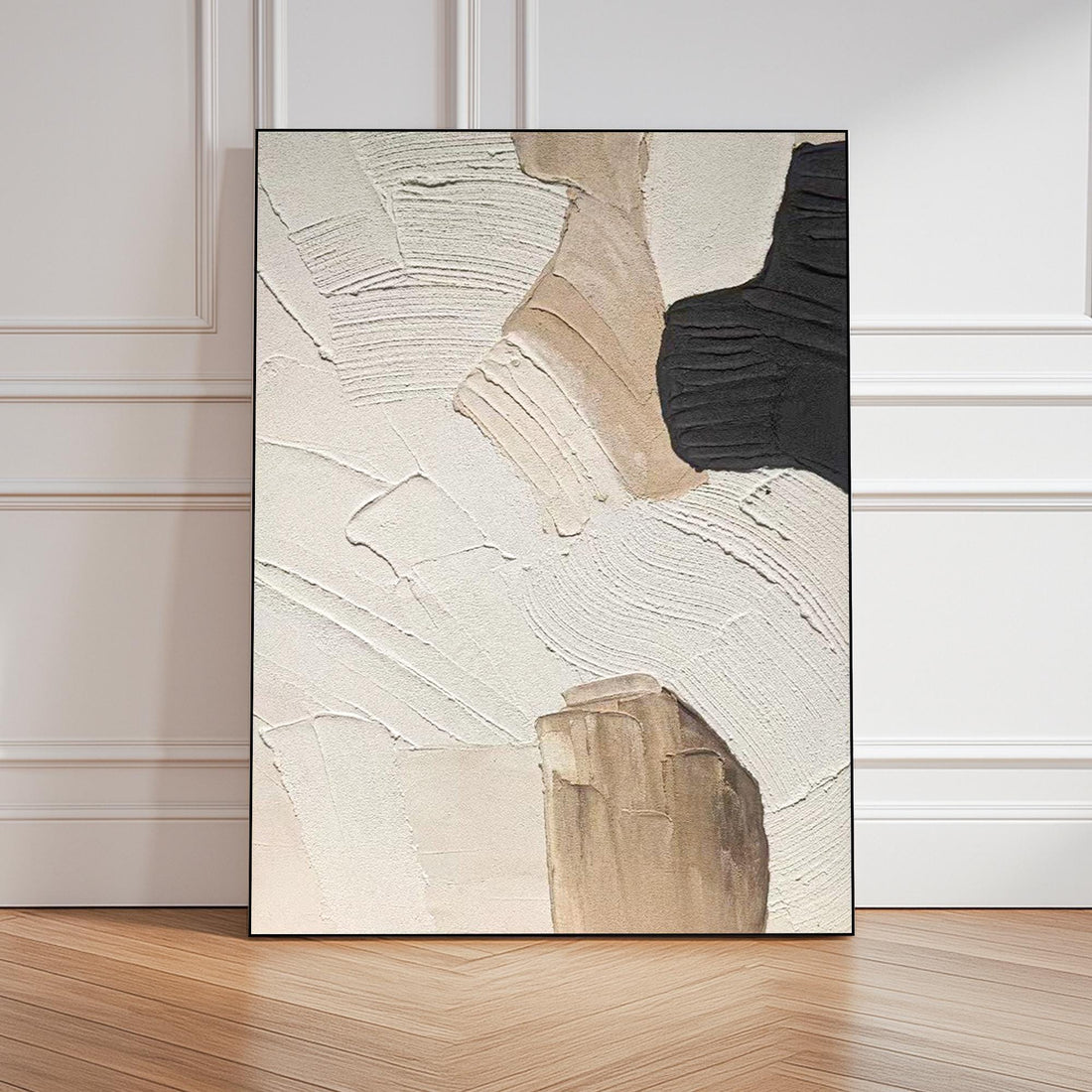 The image is a rectangular abstract artwork featuring a combination of white, beige, and black textures and shapes.