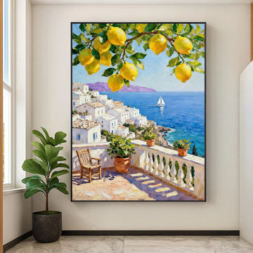 Original hand-painted oil painting of a coastal lemon tree, Mediterranean landscape wall art, seaside balcony yellow lemon canvas decoration for the home