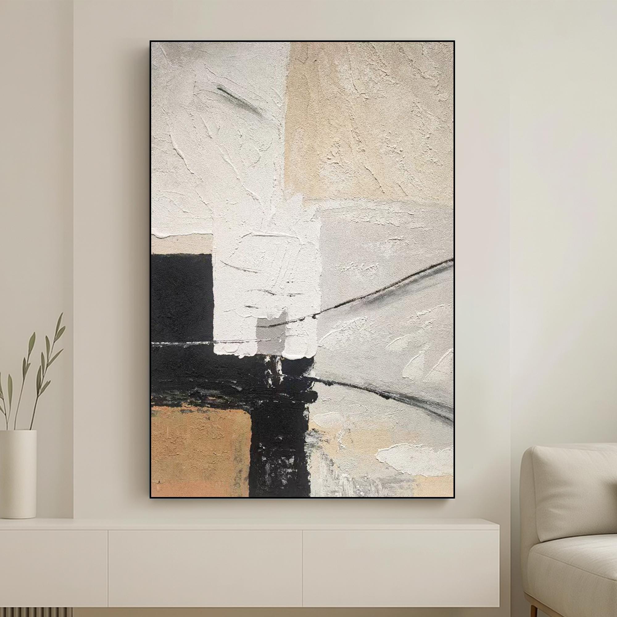 Large Neutral Abstract Oil Painting on Canvas | Modern Textured Black White Beige Wall Art | Minimalist Vertical Handmade Artwork