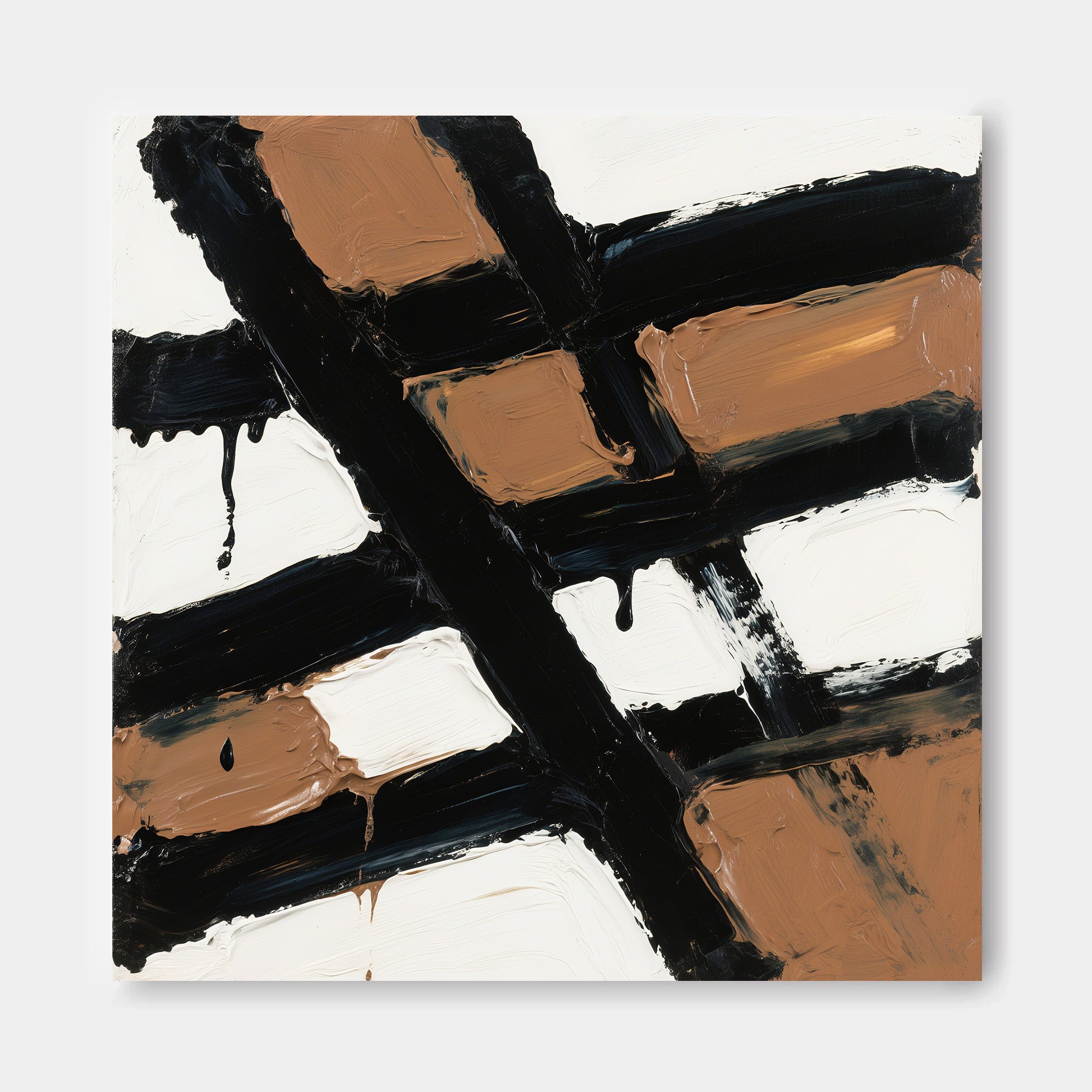 The image is an abstract painting with bold black and brown brushstrokes, creating a dynamic and visually striking composition.
