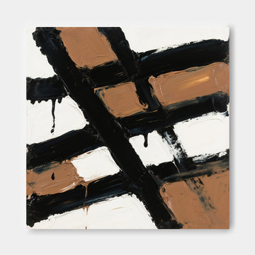 The image is an abstract painting with bold black and brown brushstrokes, creating a dynamic and visually striking composition.