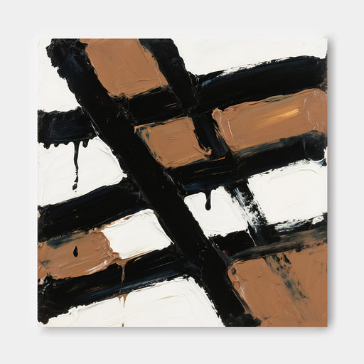 The image is an abstract painting with bold black and brown brushstrokes, creating a dynamic and visually striking composition.