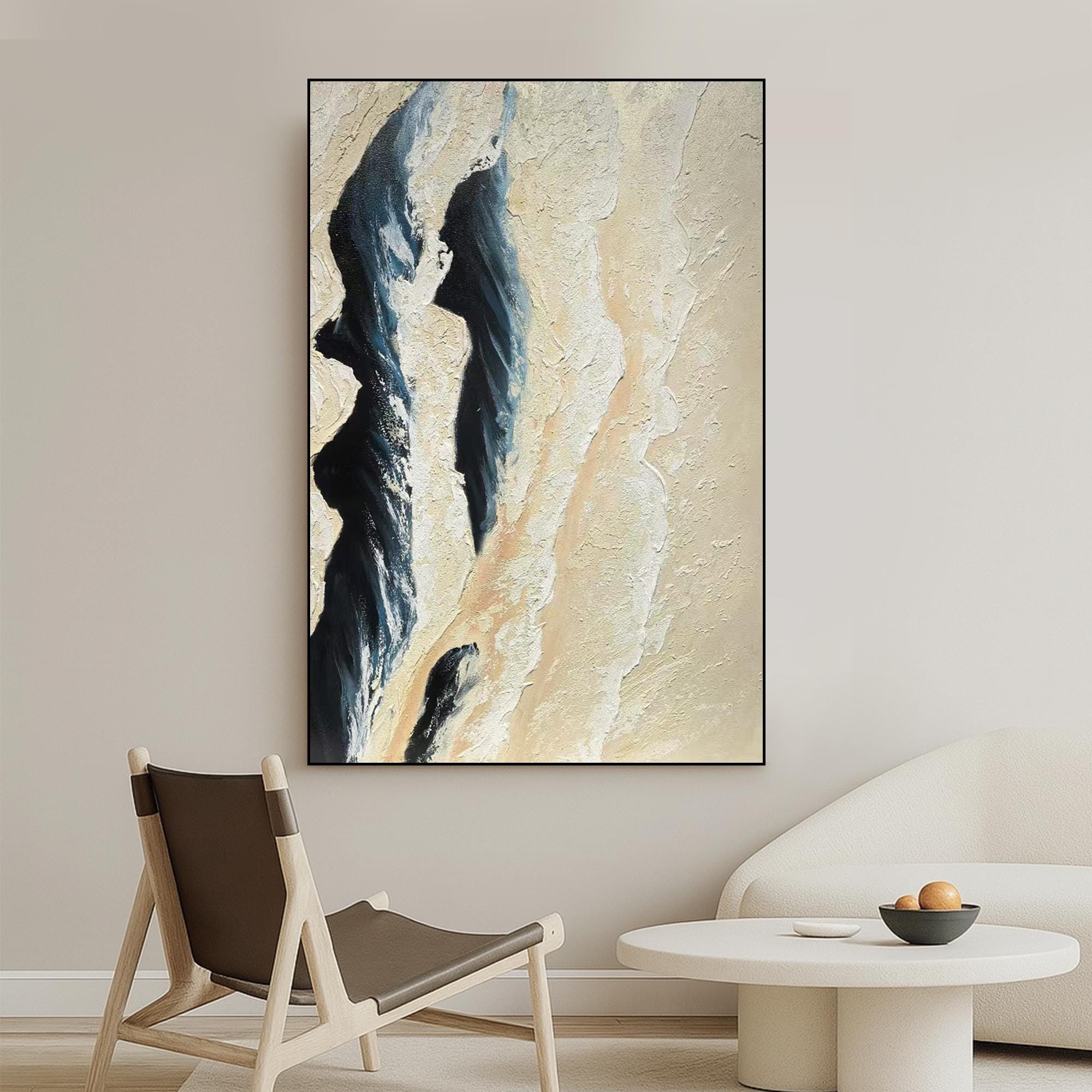 Textured Abstract Desert Wall Art, Neutral Beige Navy Painting on Canvas, Modern Minimalist Sand Dune Artwork for Living Room Decor