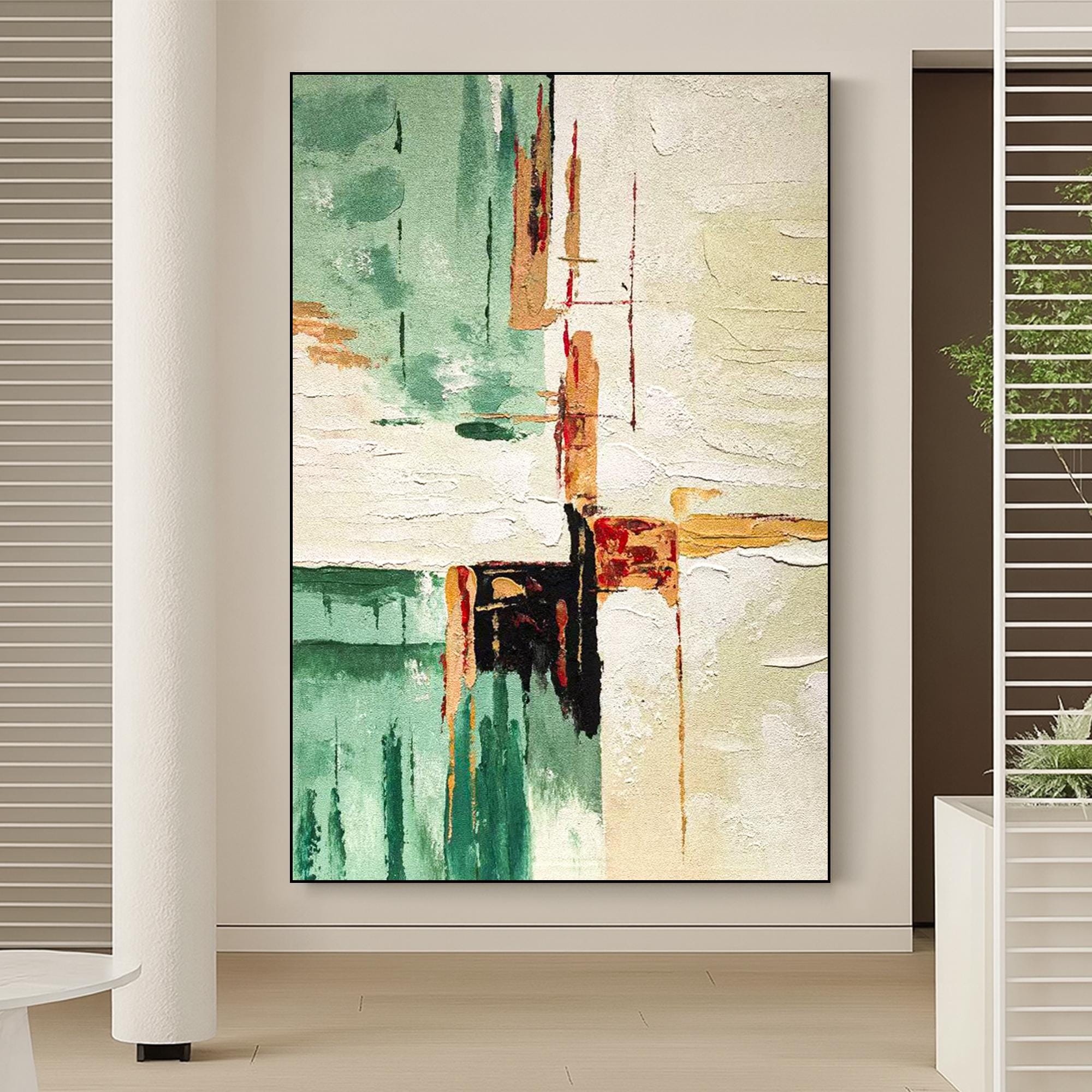 Original Abstract Textured Oil Painting on Canvas, Modern Green Beige Wall Art, Large Vertical Handmade Artwork for Living Room Décor