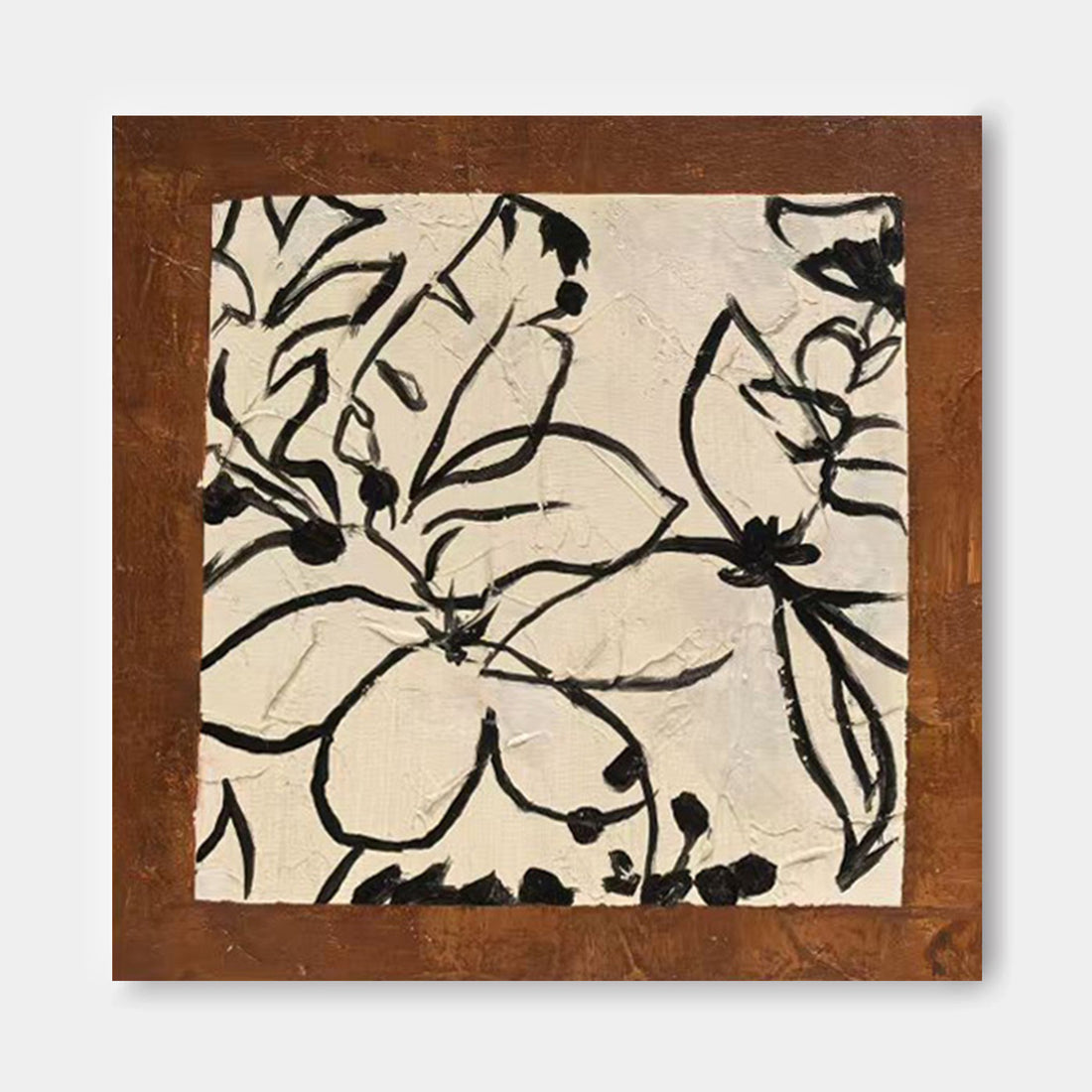 The image is a square painting featuring abstract floral designs in black and white.