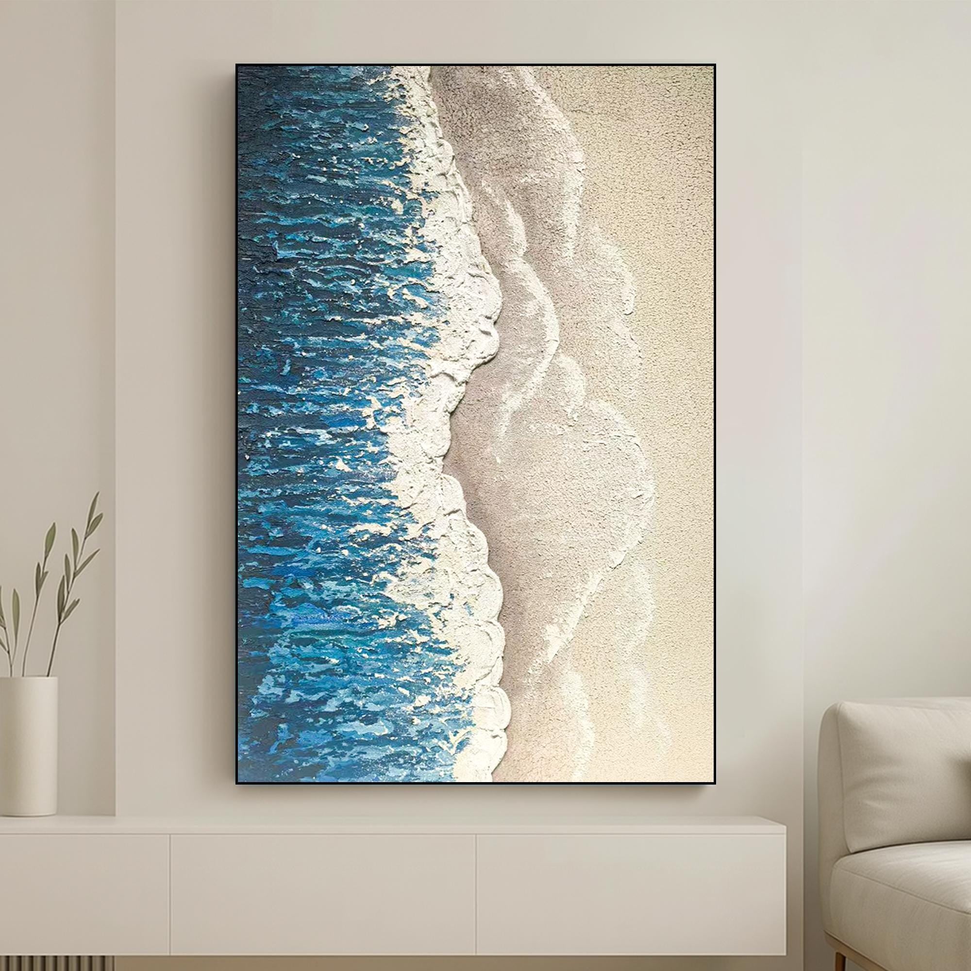 Textured Beach Ocean Painting on Canvas - Coastal Blue and Sand Abstract Wall Art - Handmade 3D Oil Artwork for Seaside or Nautical Decor