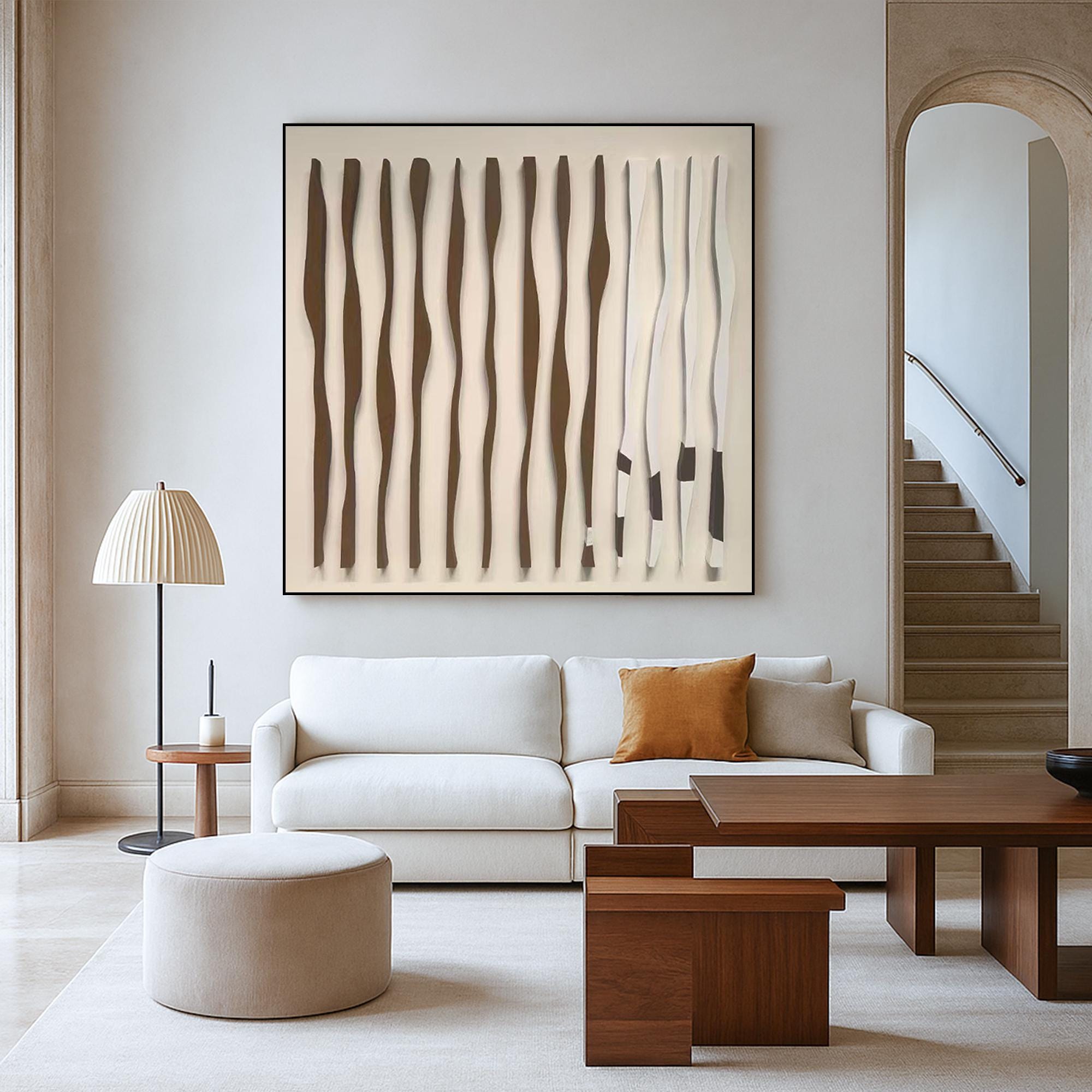 Neutral Abstract Wavy Line Oil Painting on Canvas, Modern Hand Painted 3D Wall Art, Beige Brown Minimalist Texture Artwork for Living Room