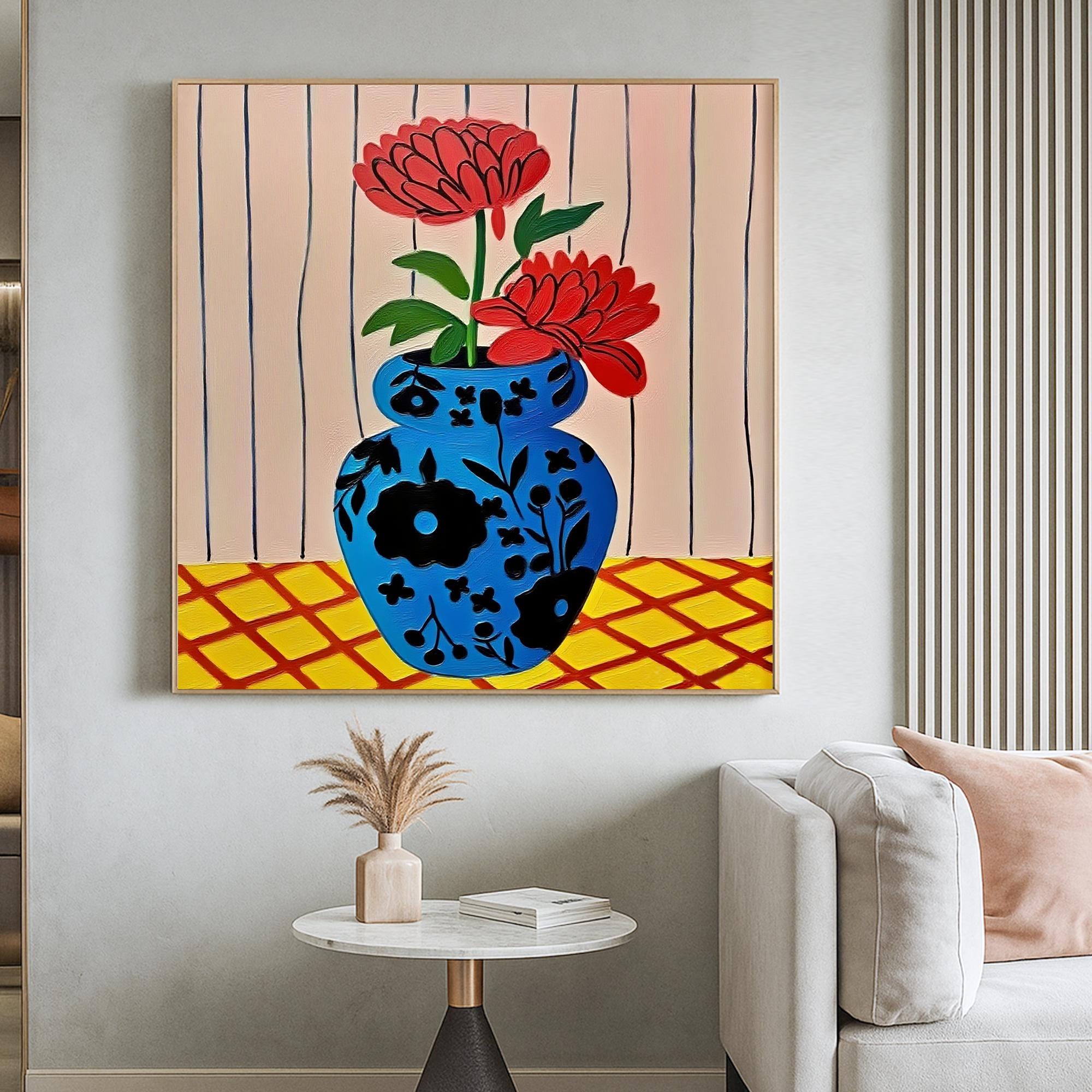 Floral Still Life Painting on Canvas, Bold Blue Vase and Red Flowers Wall Art Hand Painted Minimalist Botanical Artwork for Home Decor