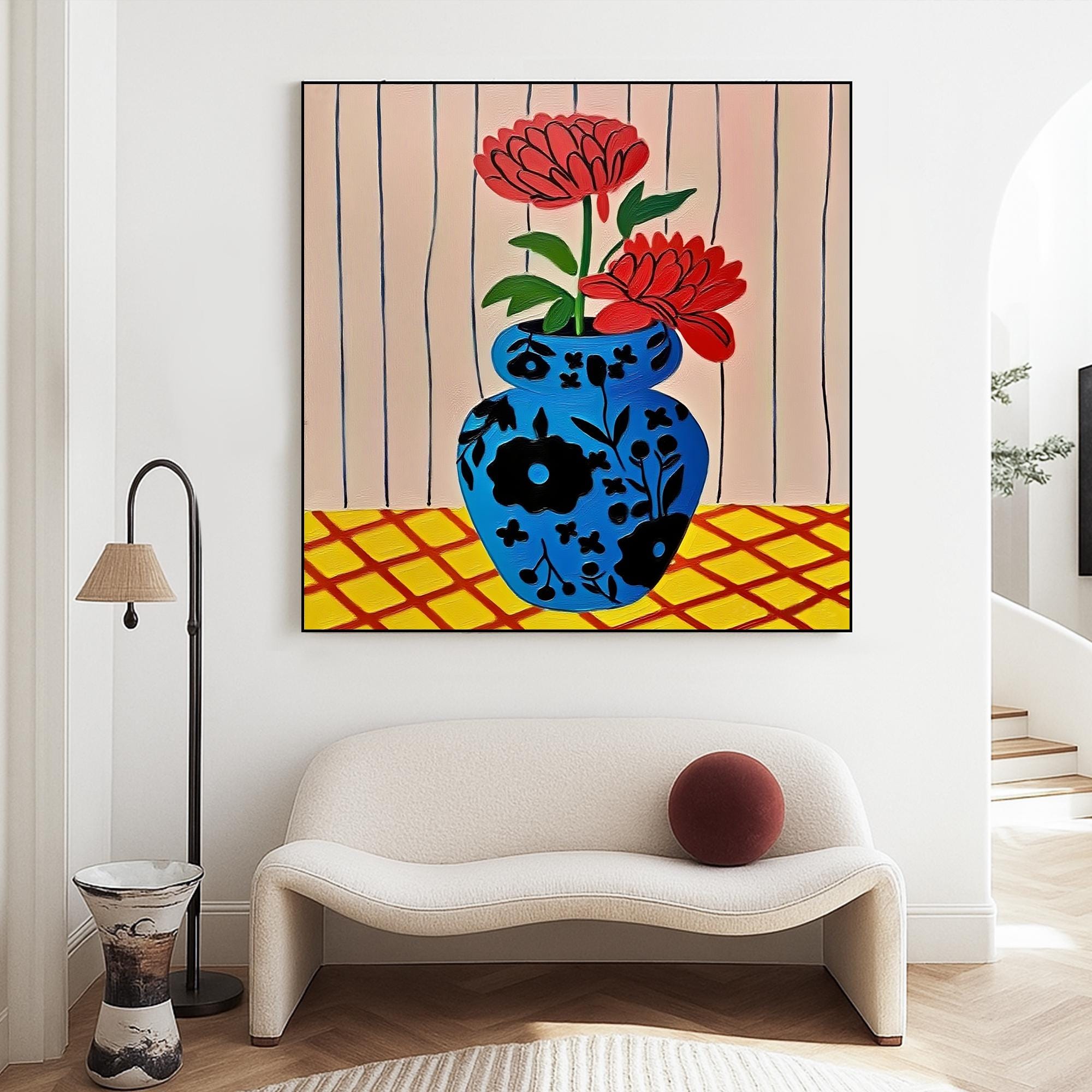 Floral Still Life Painting on Canvas, Bold Blue Vase and Red Flowers Wall Art Hand Painted Minimalist Botanical Artwork for Home Decor