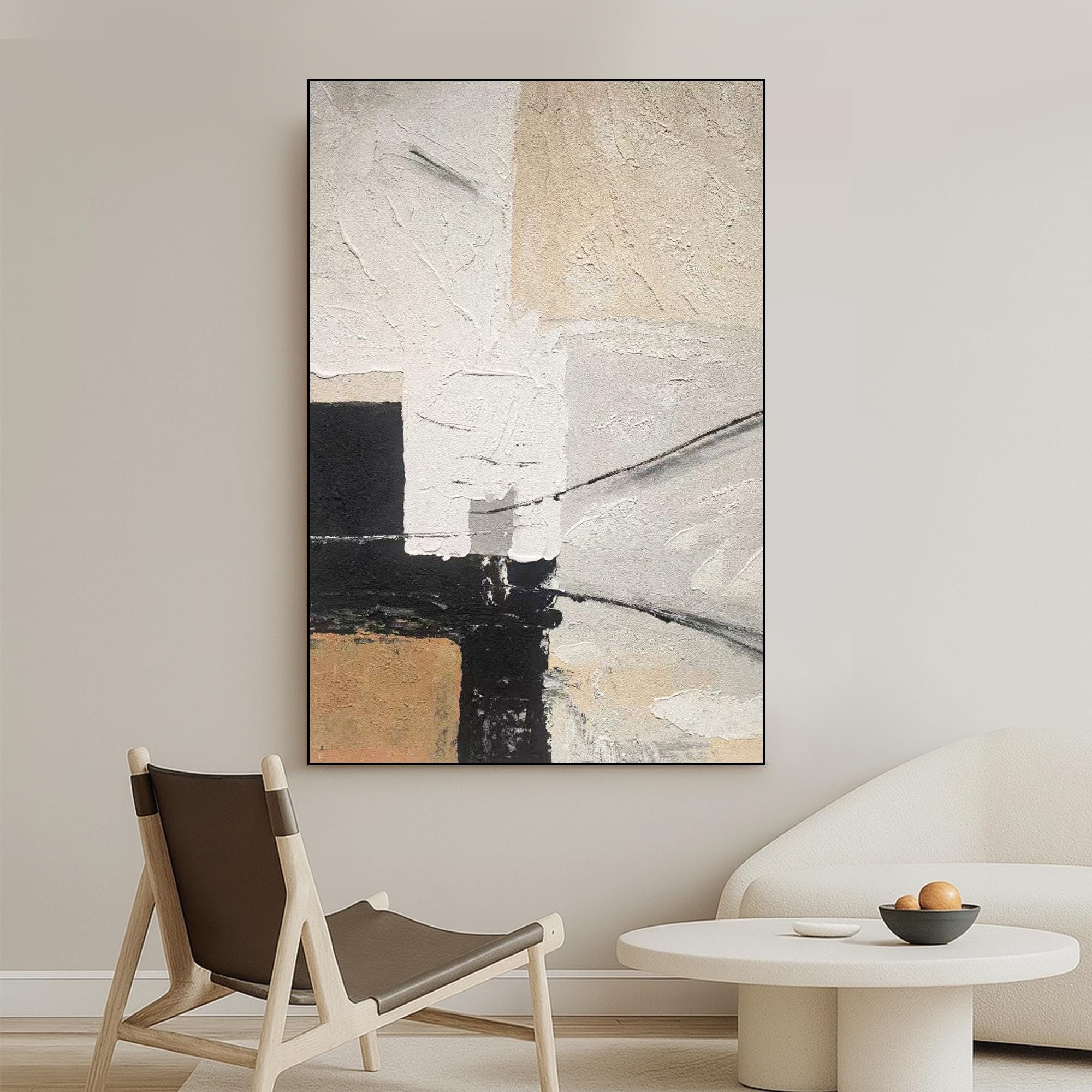Large Neutral Abstract Oil Painting on Canvas | Modern Textured Black White Beige Wall Art | Minimalist Vertical Handmade Artwork