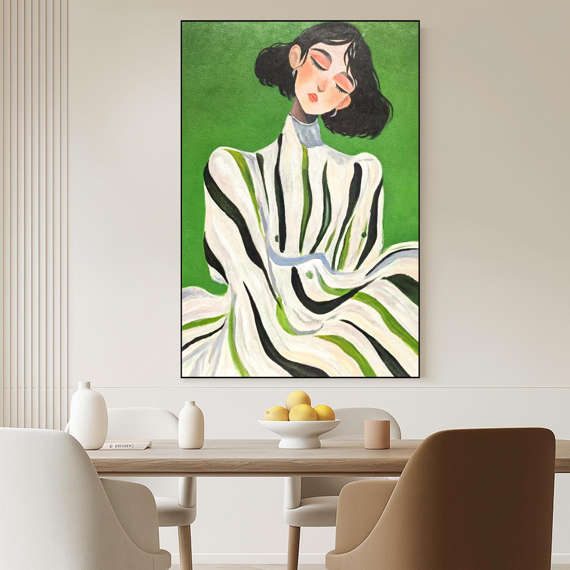 Minimalist Woman Portrait Oil Painting on Canvas | Hand-Painted Modern Female Wall Art | Green Background Abstract Figurative Home Decor