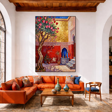 Original Moroccan Courtyard Oil Painting on Canvas, Large Red Wall Art with Tree and Fountain, Hand-Painted Boho Decor for Living Room