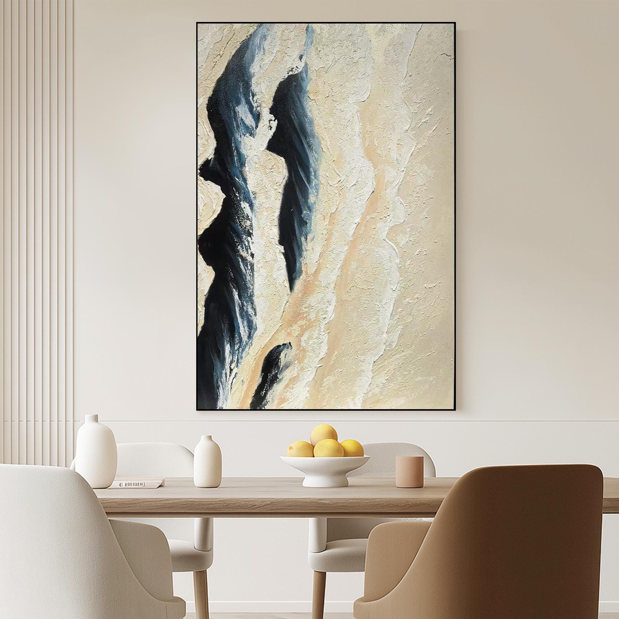Textured Abstract Desert Wall Art, Neutral Beige Navy Painting on Canvas, Modern Minimalist Sand Dune Artwork for Living Room Decor
