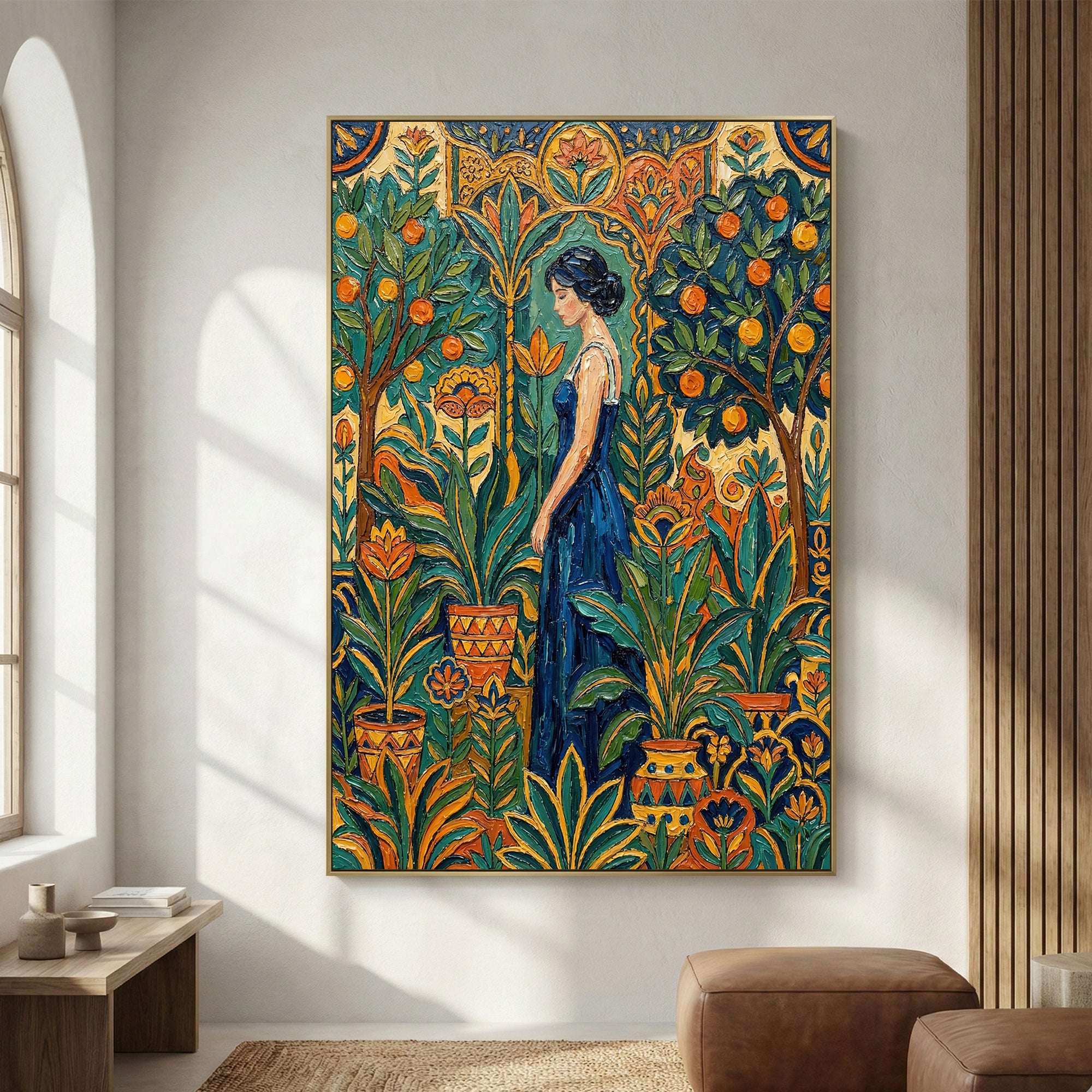 Original Art Nouveau Woman in Garden Oil Painting
