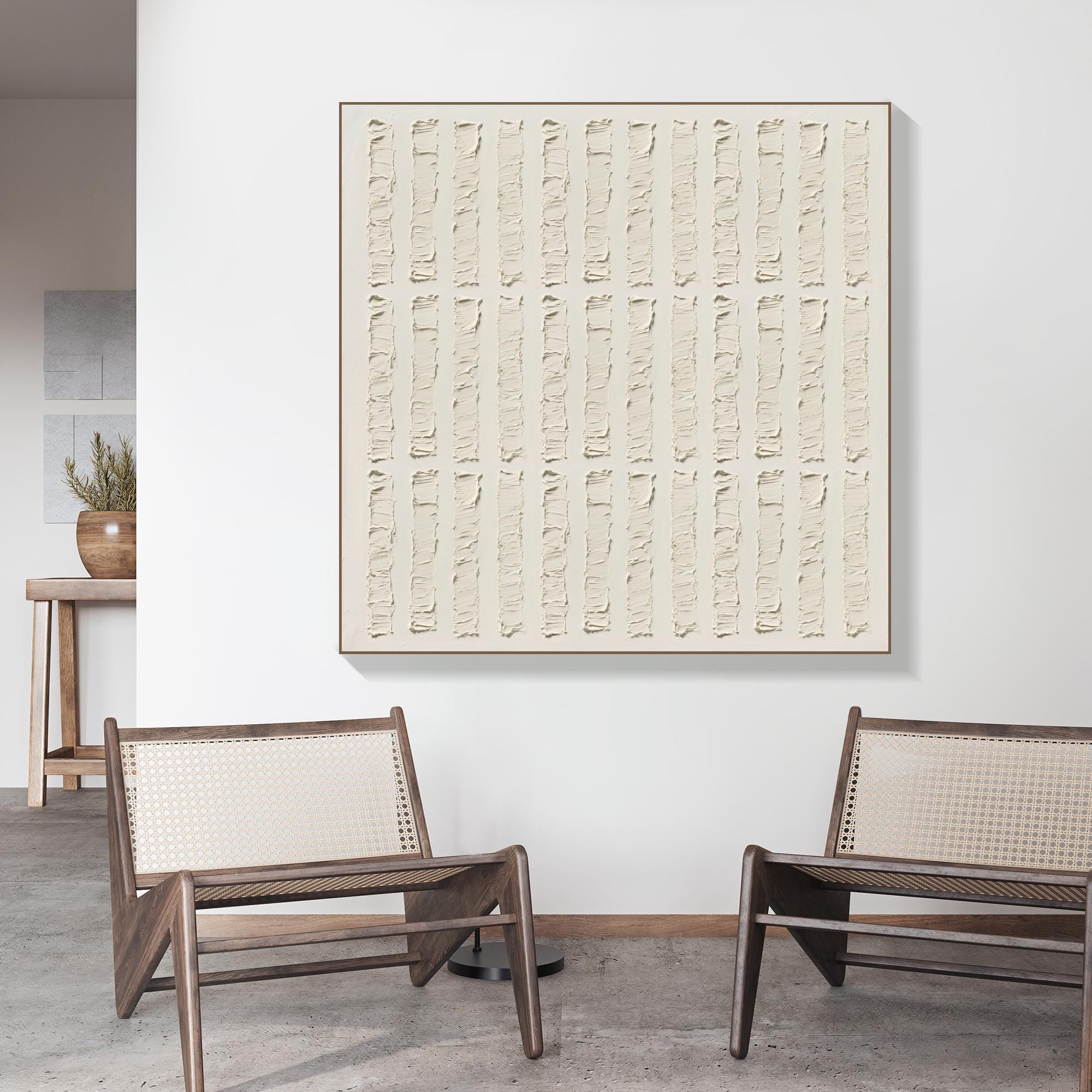 Vertical Line Textured Wall Art Neutral Minimalist Abstract Canvas Painting, Handmade Modern Relief Artwork for Japandi or Earthy Decor