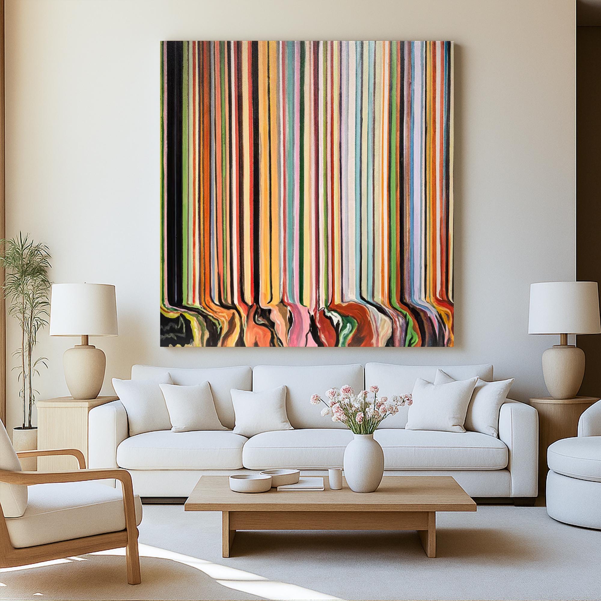 Colorful Drip Line Abstract Painting on Canvas, Vertical Rainbow Stripes Modern Wall Art, Bold Hand Painted Original Contemporary Artwork