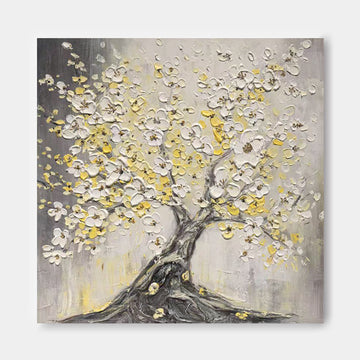 The image is a painting of a tree with white flowers, depicted in a realistic style.