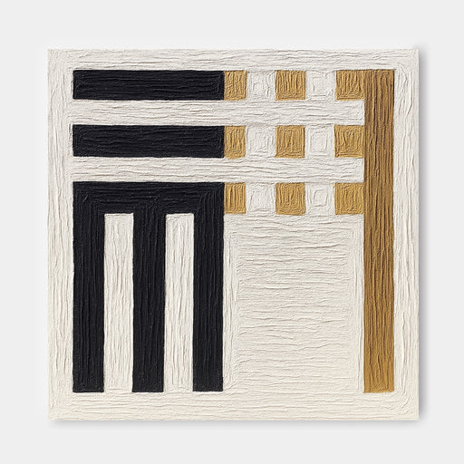 The image is a modern abstract artwork consisting of bold geometric shapes and lines in black, white, and gold.
