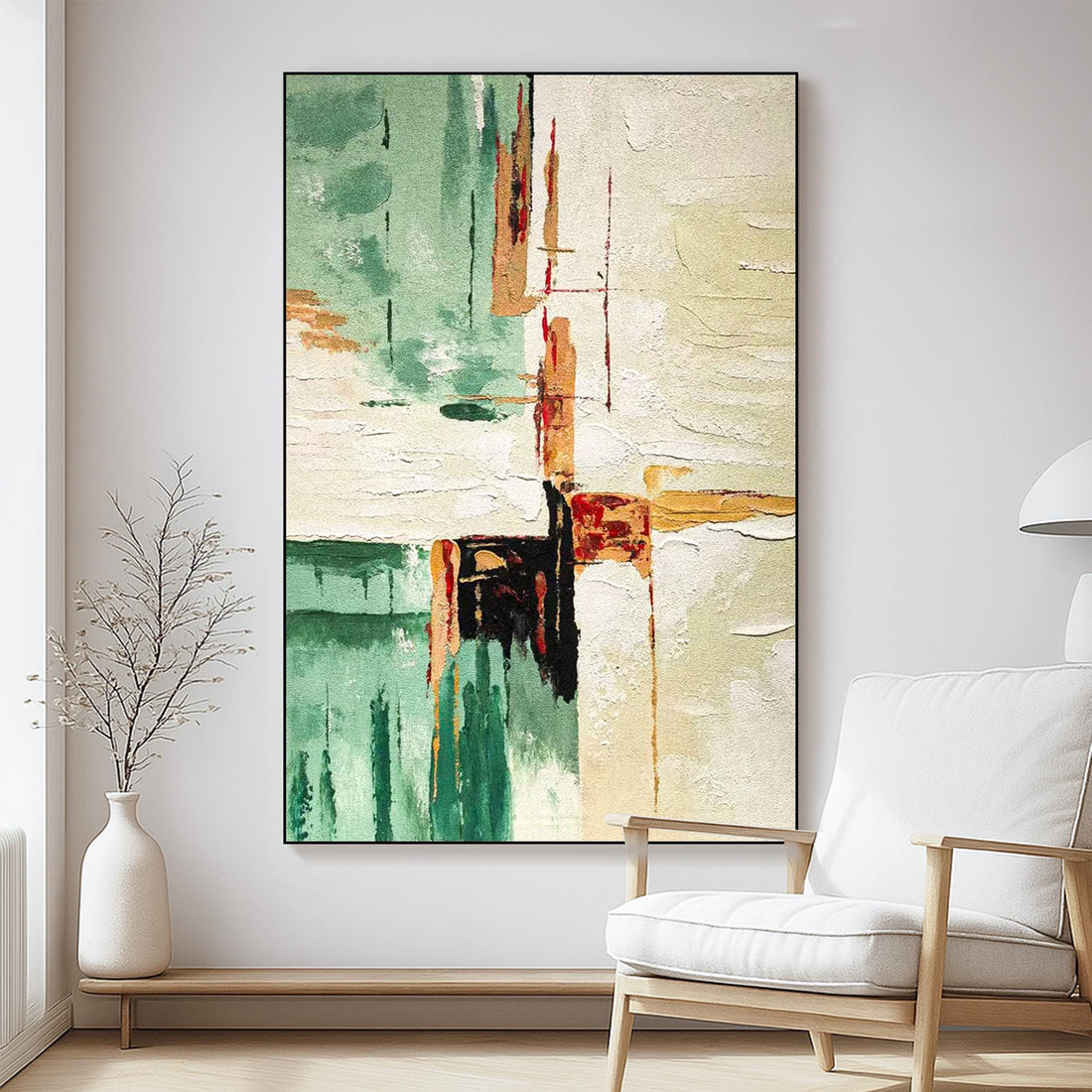 The image is an abstract painting featuring a mix of green, orange, and white colors, with various brushstrokes and textures creating a dynamic and visually interesting composition.