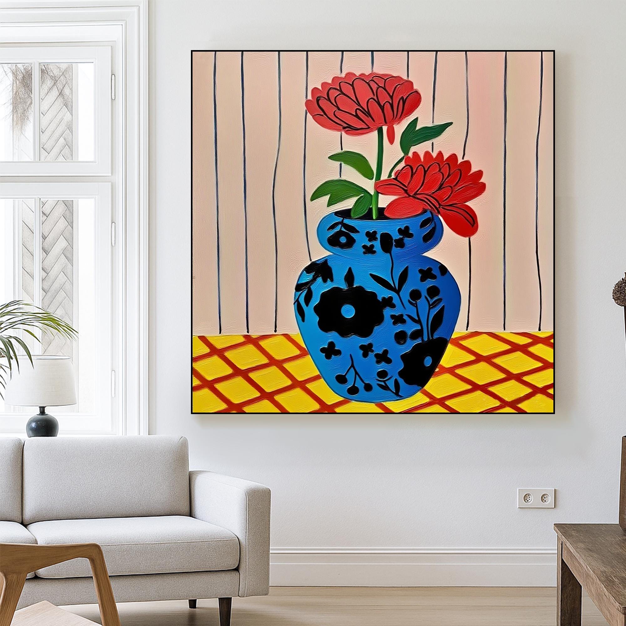 Floral Still Life Painting on Canvas, Bold Blue Vase and Red Flowers Wall Art Hand Painted Minimalist Botanical Artwork for Home Decor
