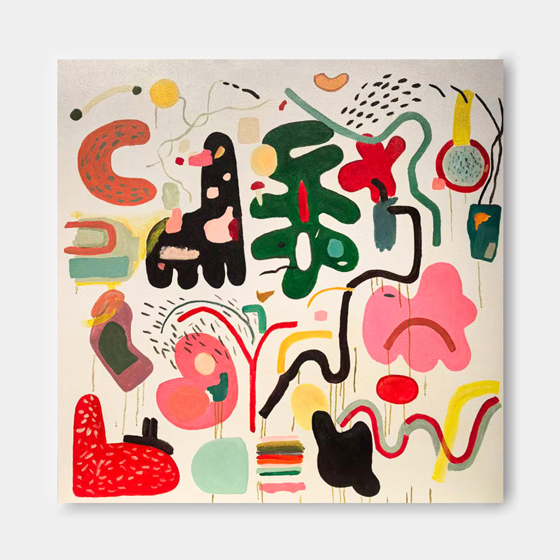 The image is a vibrant and abstract painting featuring a variety of shapes, colors, and textures. The artwork is a lively and dynamic composition, with a mix of organic and geometric forms. The use of bold colors, such as red, green, yellow, and black, adds to the overall visual impact of the piece. The painting is a lively and energetic representation of abstract art, showcasing the artist's skill and creativity in their work.