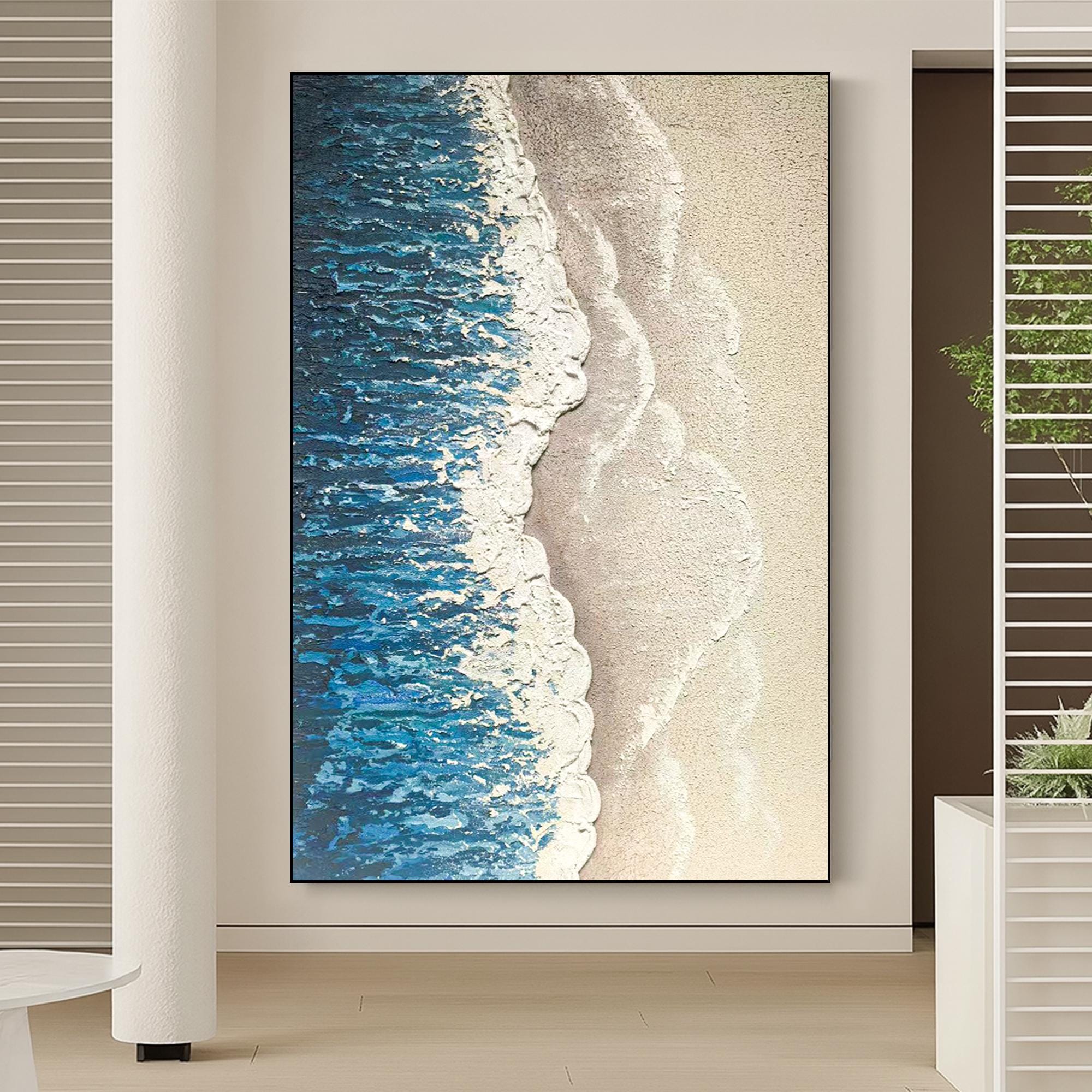 Textured Beach Ocean Painting on Canvas - Coastal Blue and Sand Abstract Wall Art - Handmade 3D Oil Artwork for Seaside or Nautical Decor