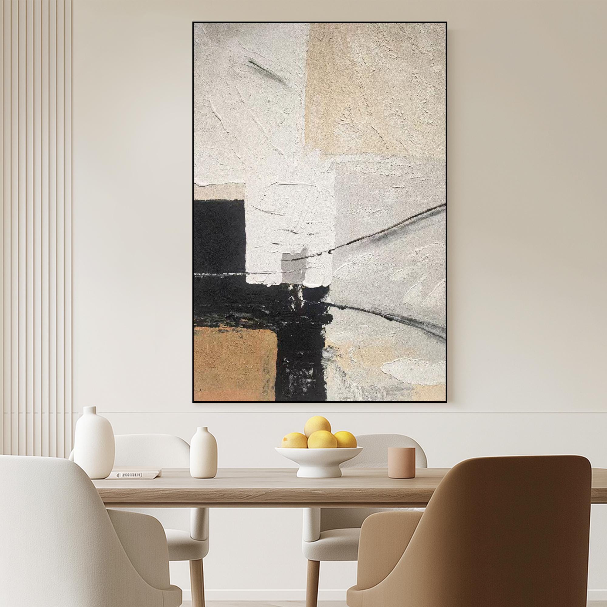 Large Neutral Abstract Oil Painting on Canvas | Modern Textured Black White Beige Wall Art | Minimalist Vertical Handmade Artwork