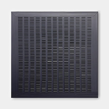 The image is a square-shaped object with a grid-like pattern of vertical lines, creating a visually striking and abstract design.