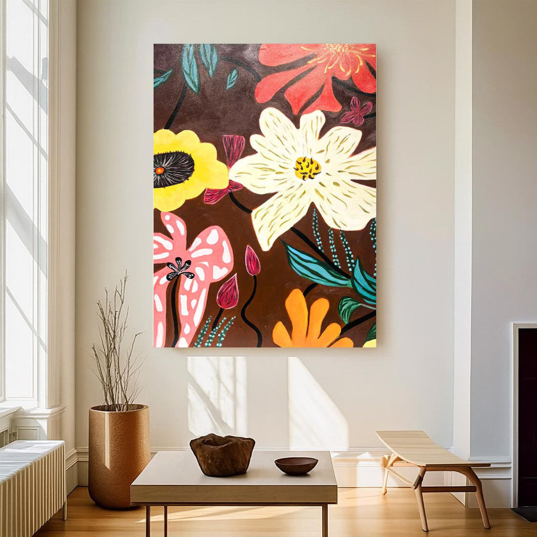 The image is a vibrant and colorful painting featuring a variety of flowers and plants in different shapes, sizes, and colors.