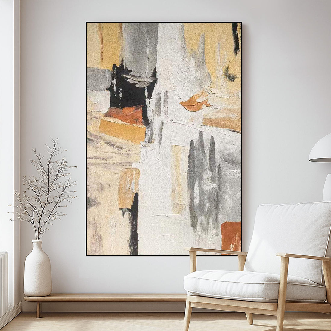 The image is an abstract painting with a mix of warm and cool colors, featuring bold brushstrokes and a sense of movement and energy.