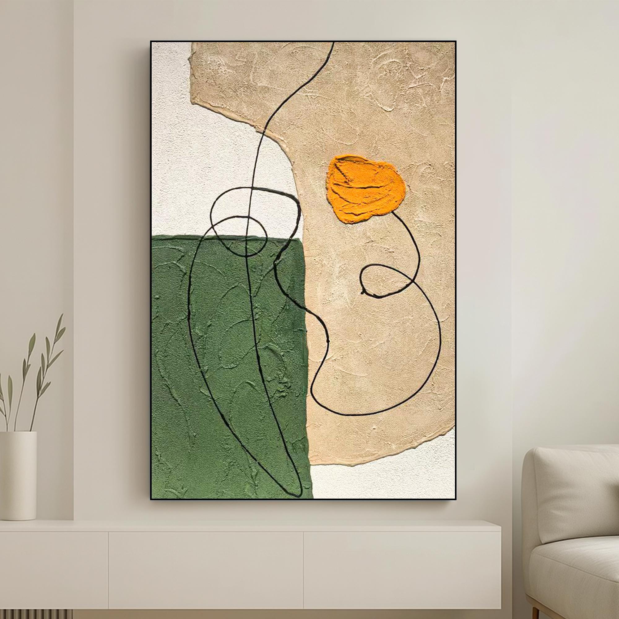 Textured Abstract Wall Art Canvas, Minimalist Line Art Painting With Green Beige Orange Tones, Modern Organic Handmade Oil Painting