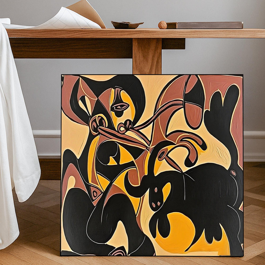 The image is an abstract painting featuring a stylized representation of a goat and a bird. The painting is predominantly black and orange in color, with the goat and bird depicted in a geometric, abstract style.