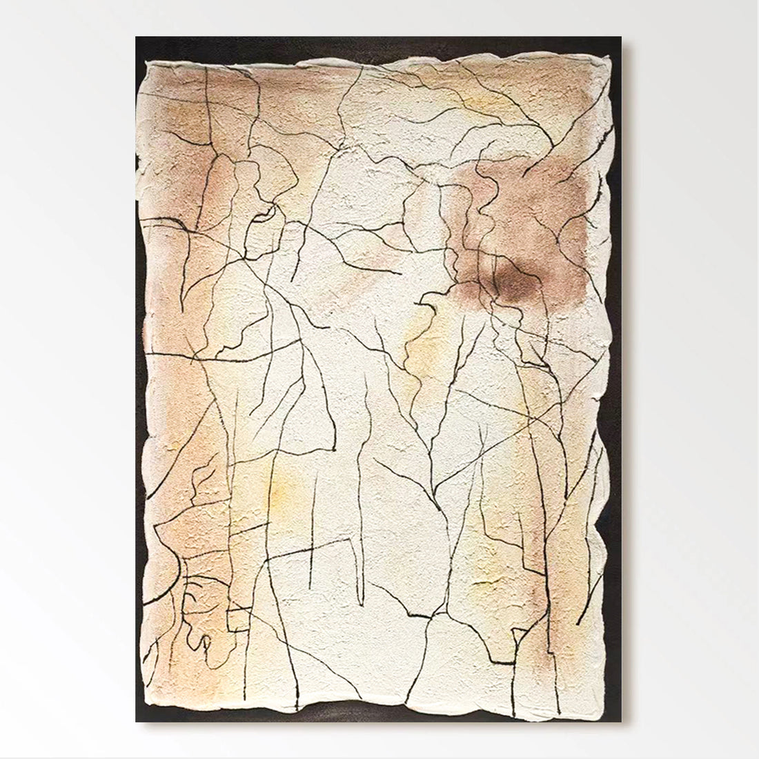 The image is a rectangular abstract artwork with a textured background featuring a variety of lines and shapes in different shades of brown and beige.