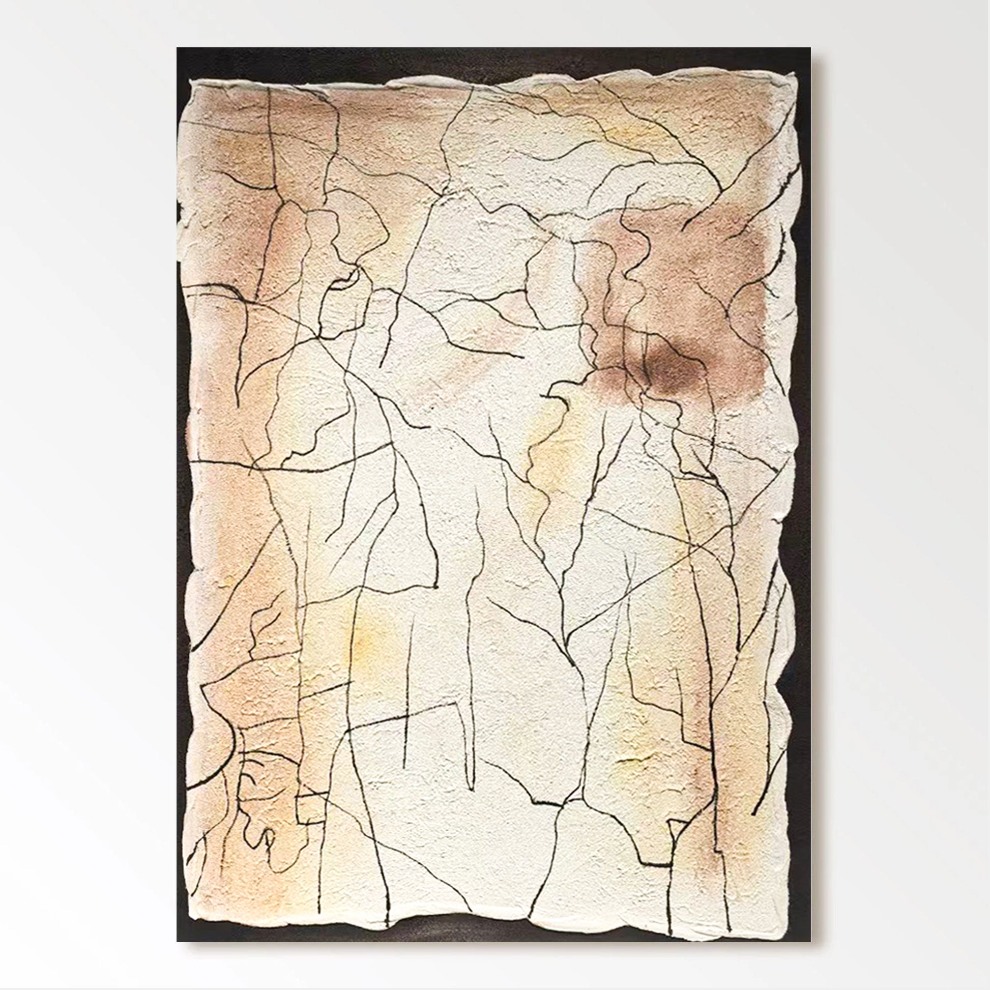 The image is a rectangular abstract artwork with a textured background featuring a variety of lines and shapes in different shades of brown and beige.